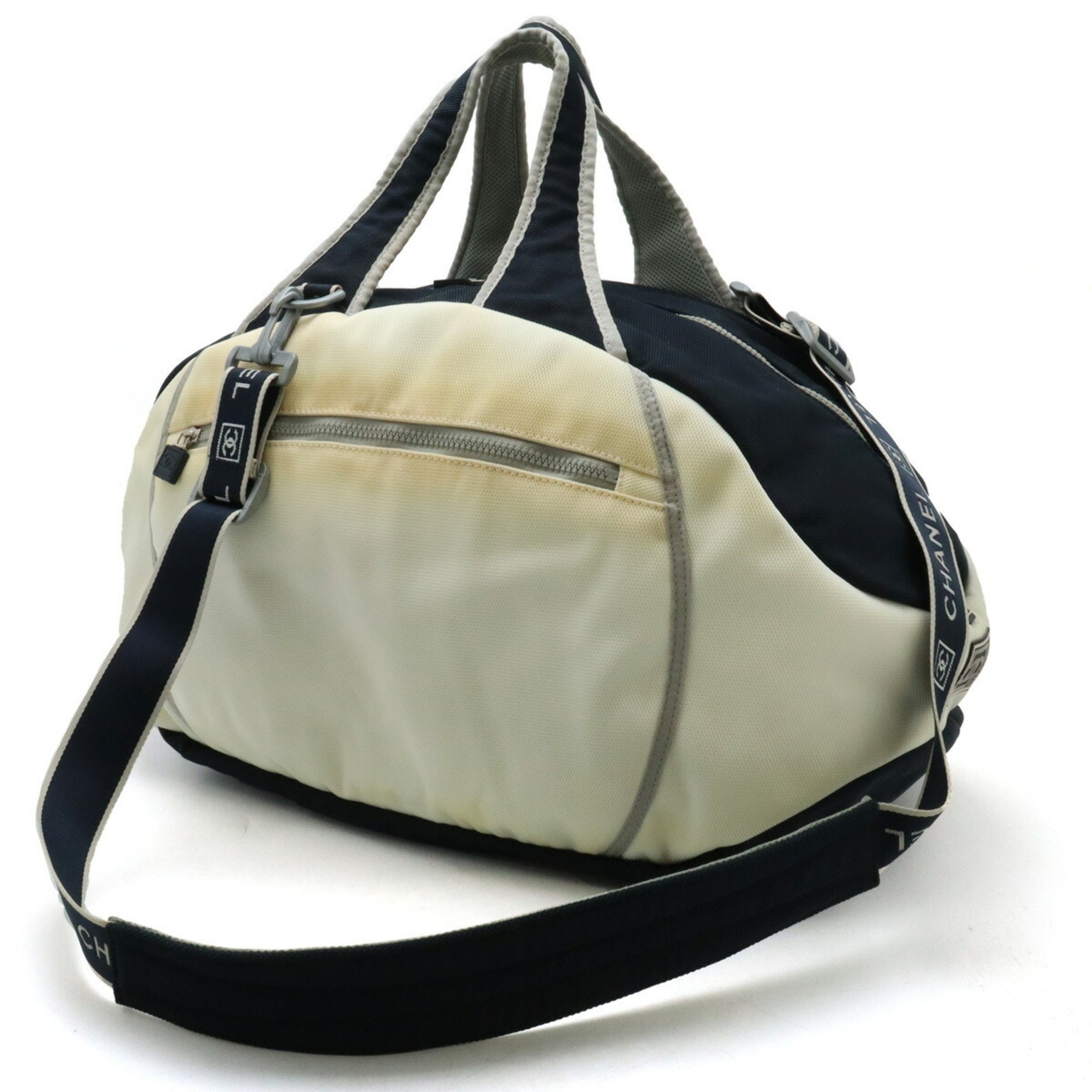 CHANEL Chanel Sport Line Coco Mark Boston Bag Shoulder Nylon Canvas Navy White