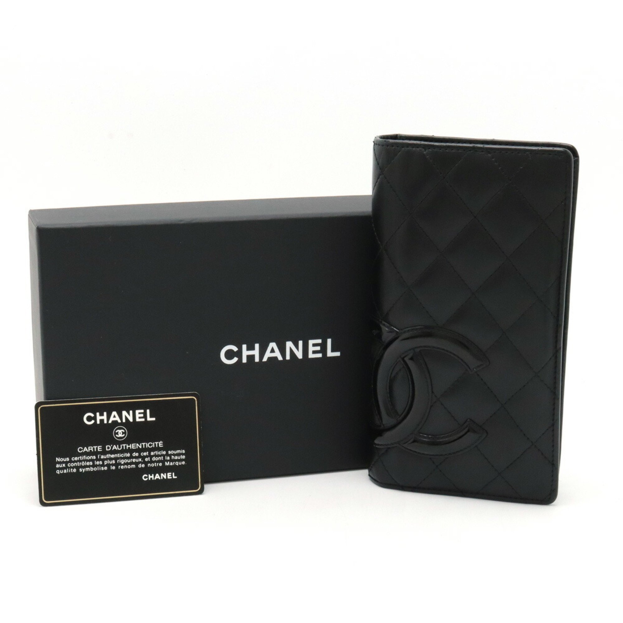 CHANEL Cambon Line Coco Mark Bi-fold Long Wallet Leather Soft Calfskin Patent Black A26717