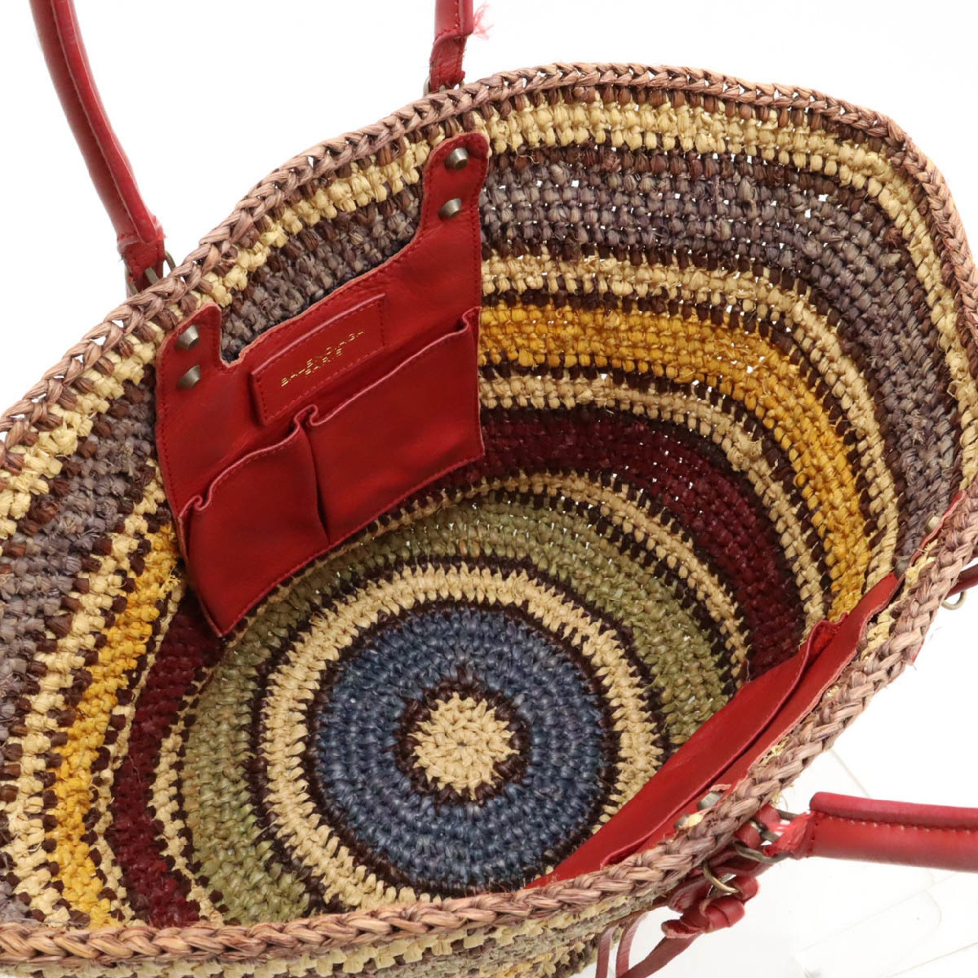 BALENCIAGA Basket bag, tote handbag, raffia, straw, leather, multicolor, red, 286370
