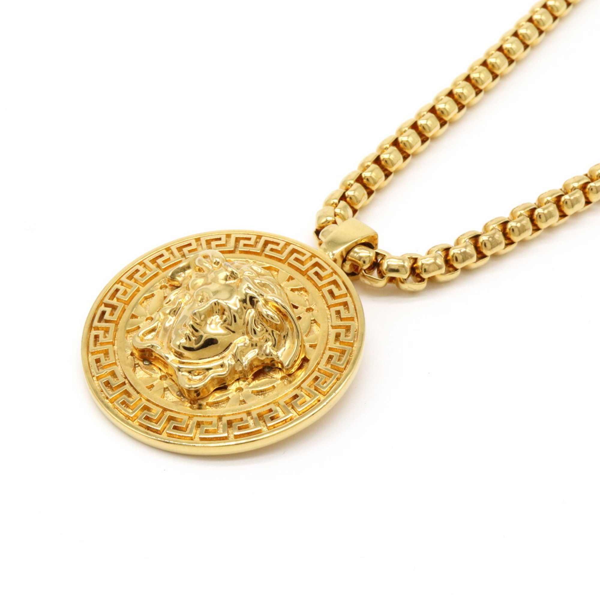 VERSACE Medusa Medallion Greca Chain Necklace Pendant GP Gold DG14703