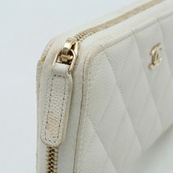 CHANEL Chanel Matelasse Coco Mark Small Zip Wallet Round Caviar Skin Leather White AP0226