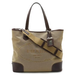 PRADA Prada Jacquard Tote Bag Shoulder Canvas Leather Khaki Beige Dark Brown BR3414