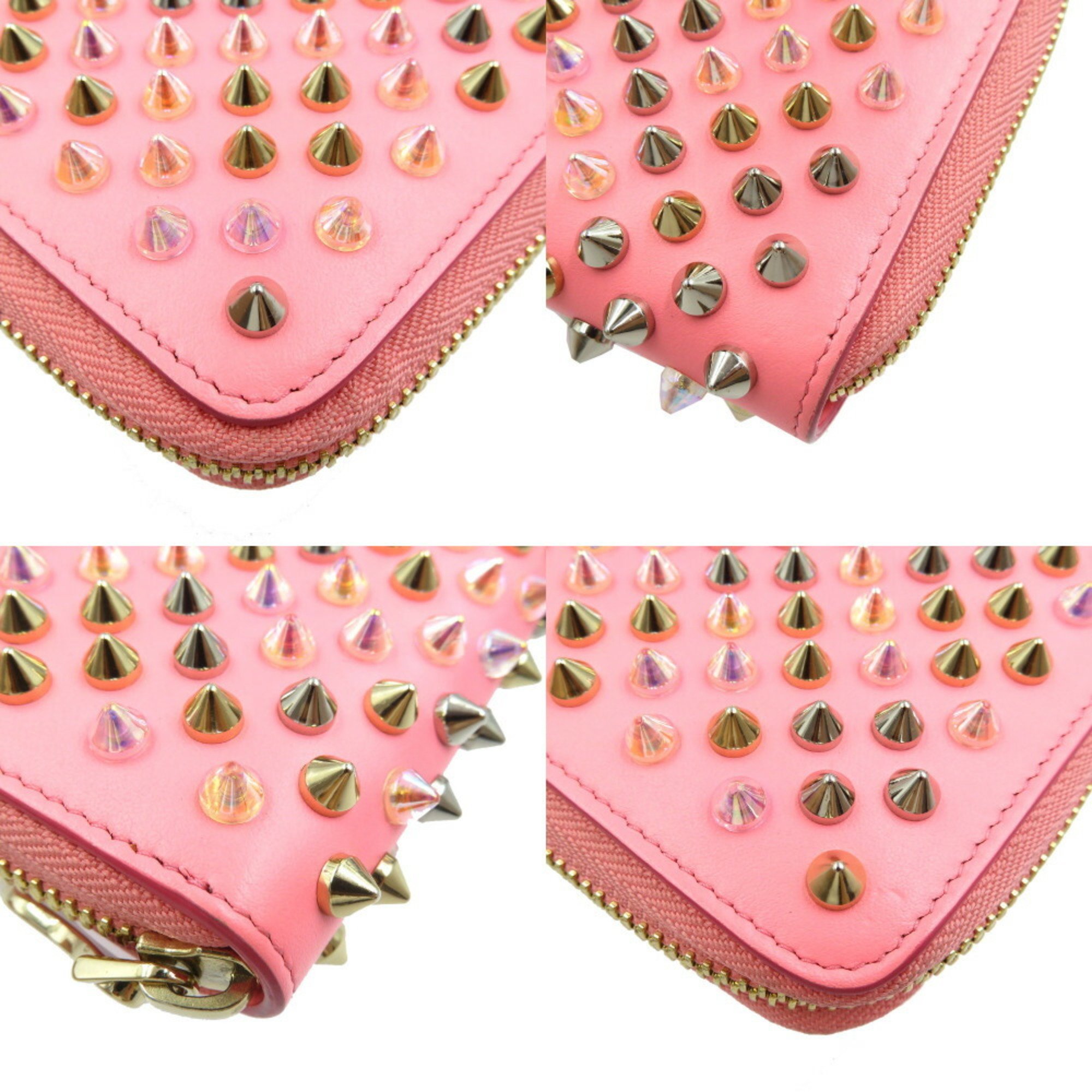 Christian Louboutin Leather Studs Pink Round Long Wallet 0215Christian