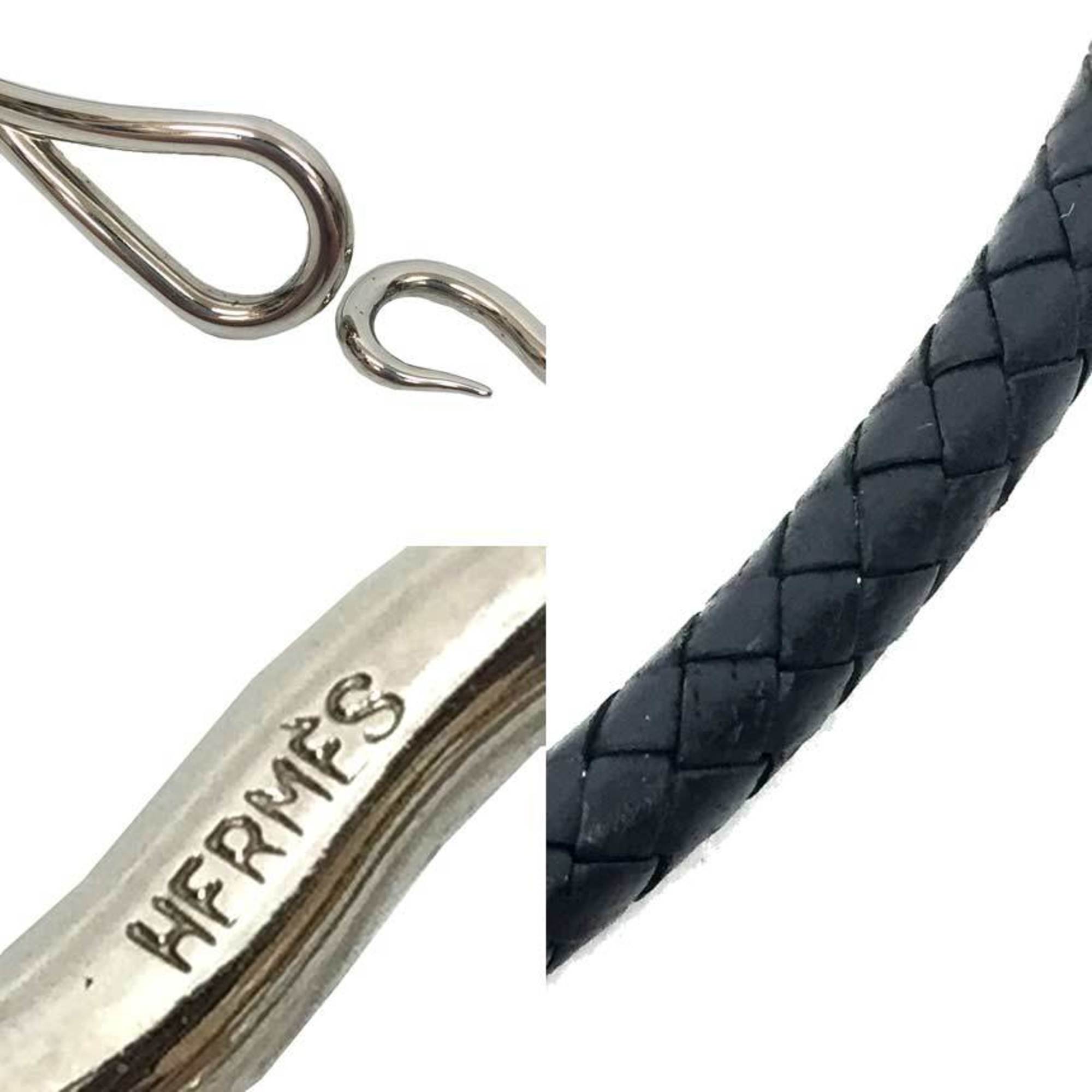 HERMES Jumbo Choker Bracelet Leather Intrecciato Tresse 37cm Men's Women's Black x aq10105
