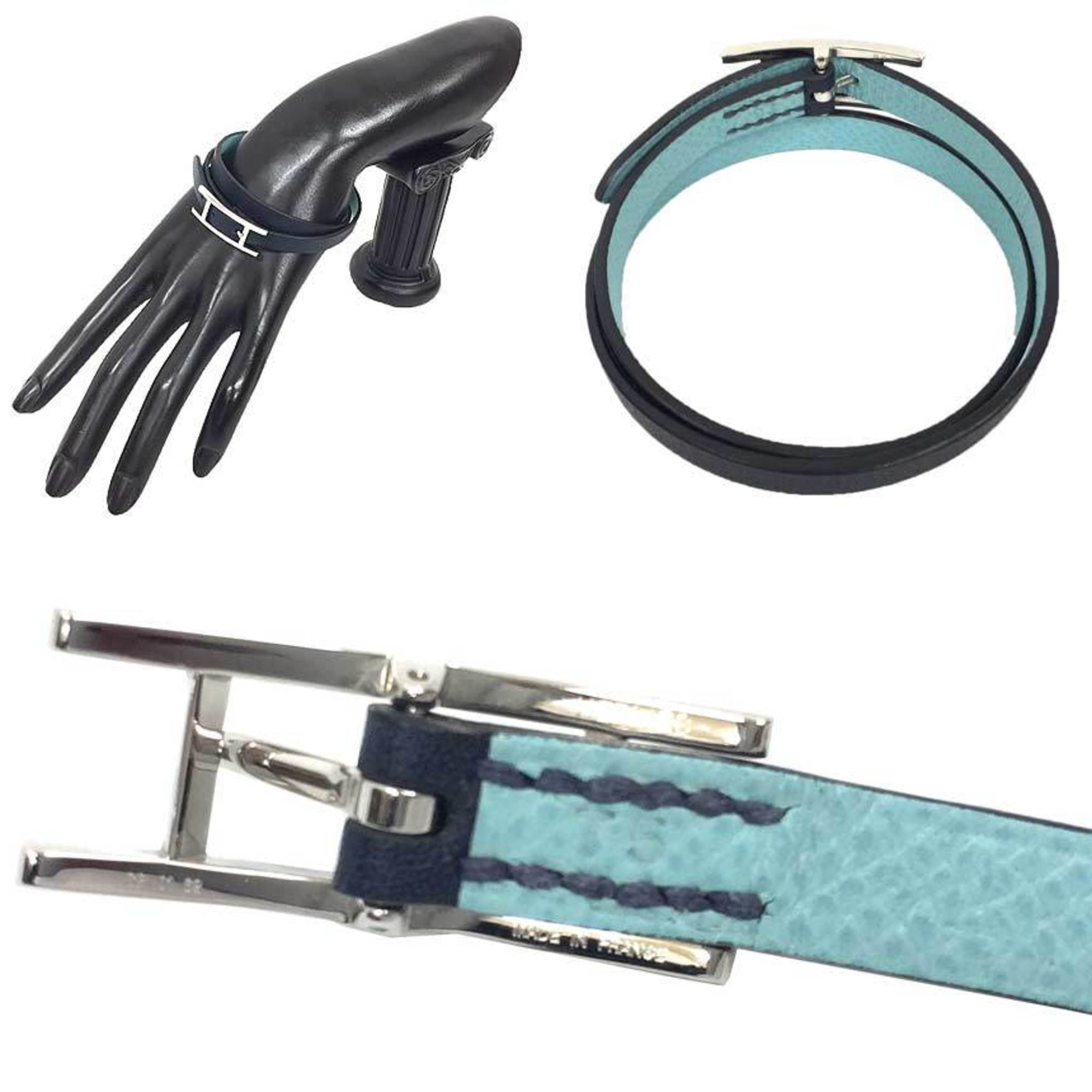HERMES Leather Bracelet Behapi Double Tour T5 Light Blue x Navy Women's aq10067
