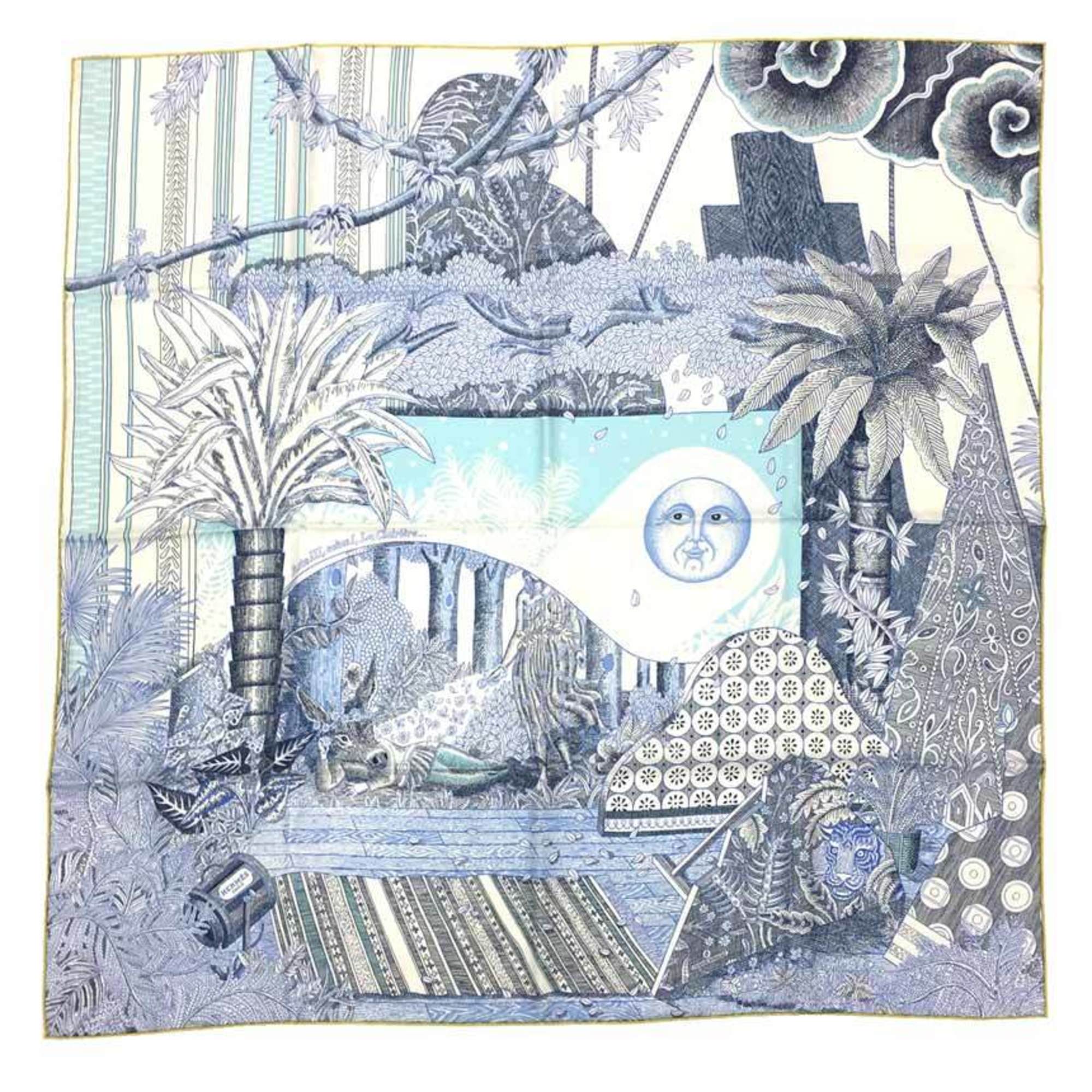 HERMES Scarf Muffler Carré 90 Act III Scene I La Clairiere 3, 1, In the Forest Glade H003228S Moon Shakespeare 100% Silk Blue GR/BLANC/BLEU JEAN aq10143 10013839