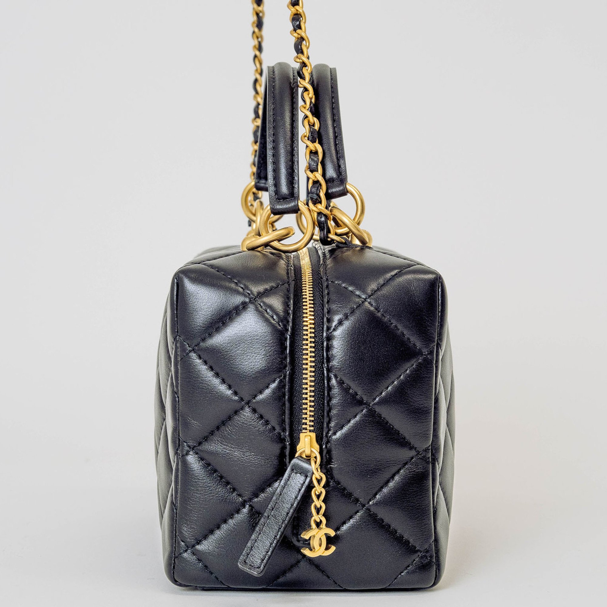 Chanel Matelasse Bowling Bag Handbag Lambskin AS4202 Black Women's Shoulder CHANEL