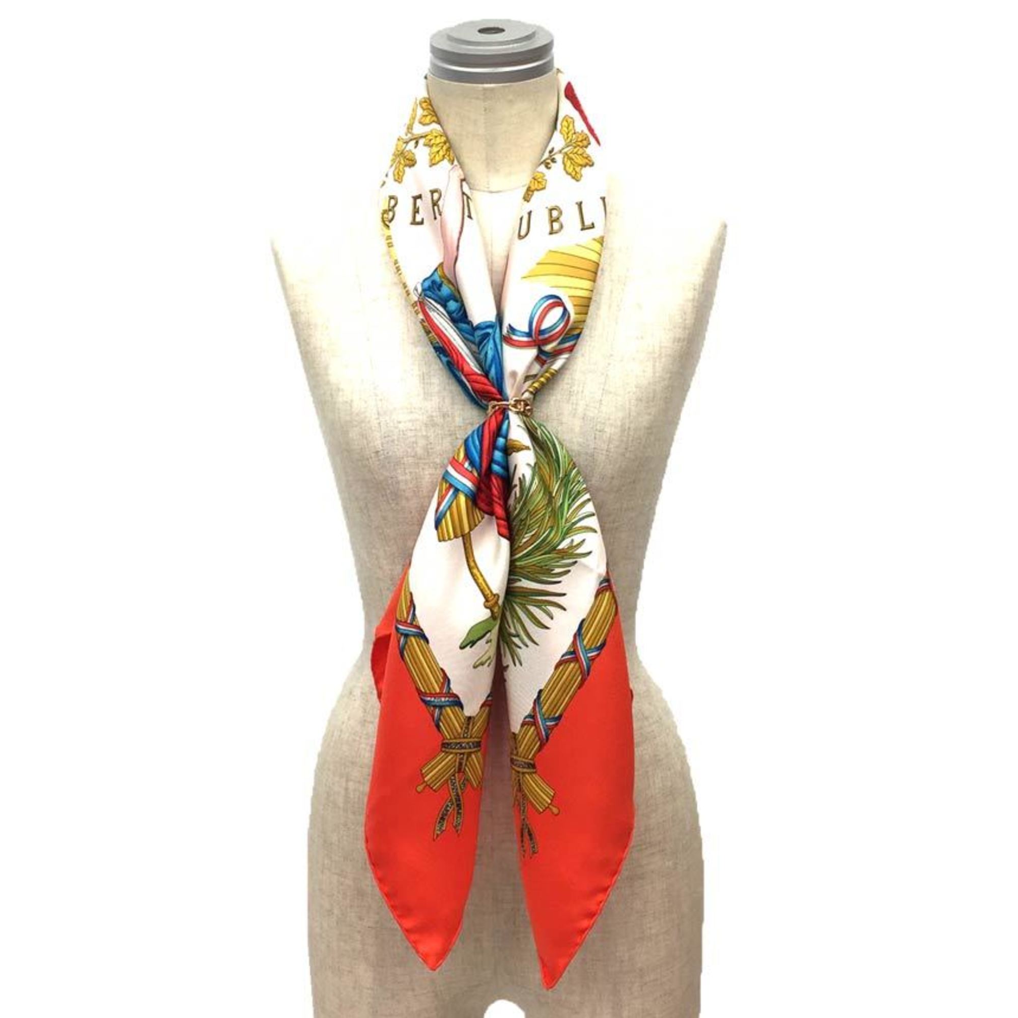 HERMES Scarf Muffler Carre 90 EGALITE FRATERNITE REPUBLIQUE FRANCAISE LIBERITE/1789/In commemoration of the French Revolution Statue Liberty/Marianne Orange 100% Silk aq9965