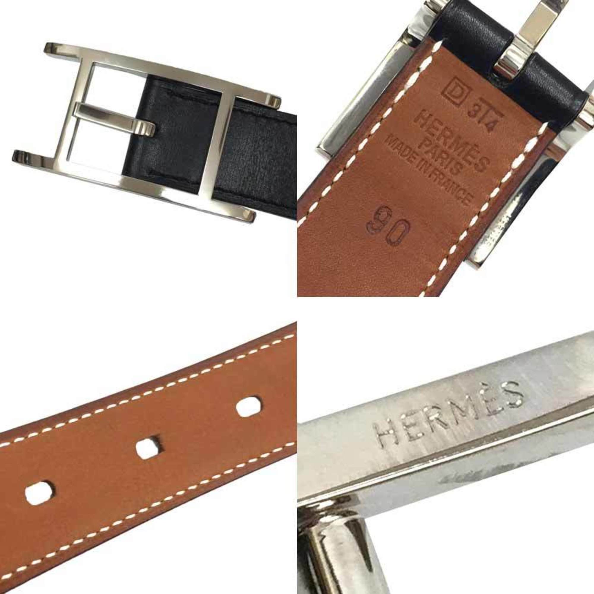 HERMES Leather Belt H Buckle Size 90 Black Silver D Stamp aq10103 10013696