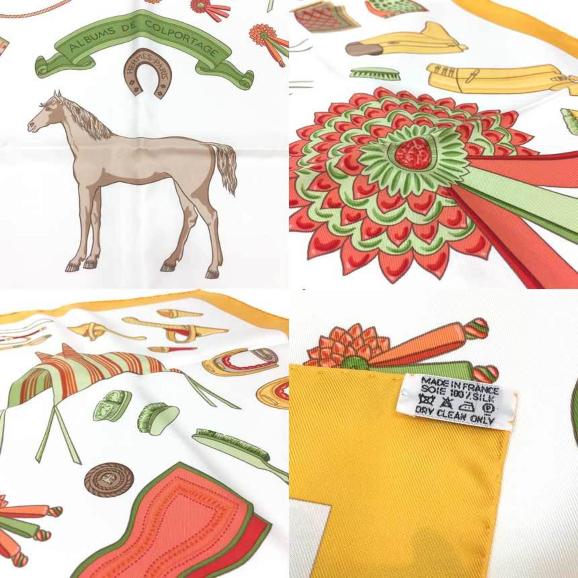 HERMES Carre 90 Scarf Muffler ALBUMS DE COLPORTAGE Peddler Horse Saddlery White x Yellow Orange Silk aq10020 10007783