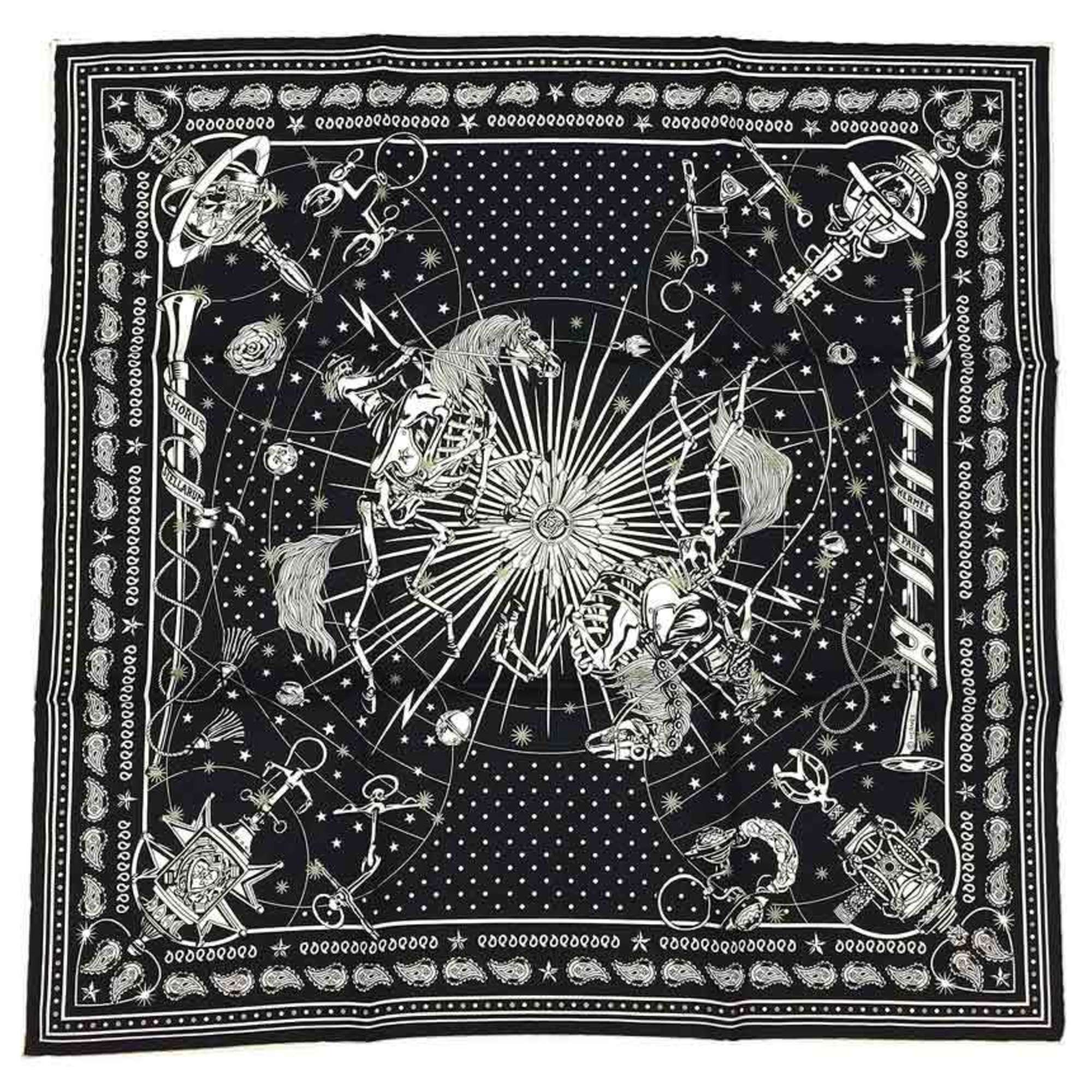 HERMES Scarf Muffler Bandana Carré 55 BANDANA SOIE CHORUS STELLARUM Chorus Stellarum 044044S 09 Black and white Noir Blanc pattern 100% silk aq10064