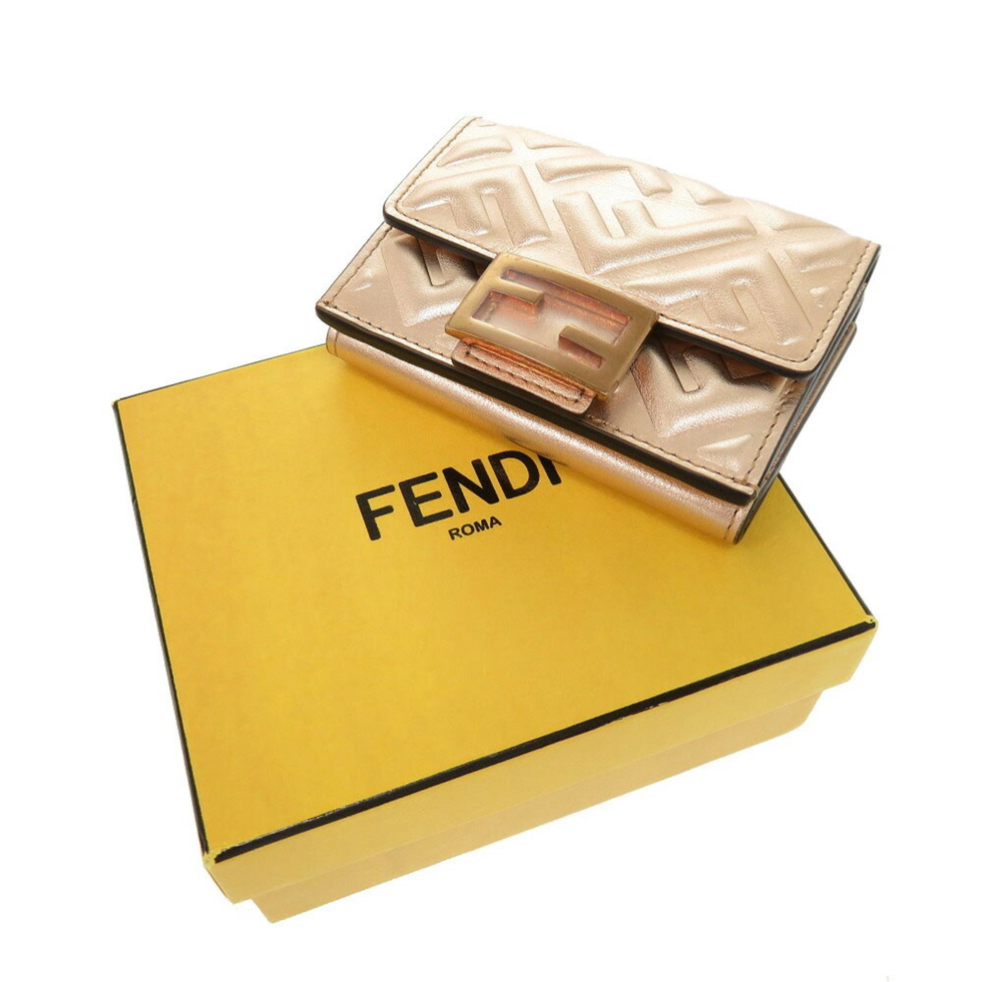 Fendi Zucca Compact Wallet 8M0395 Leather Pink Gold Tri-fold 0370 FENDI