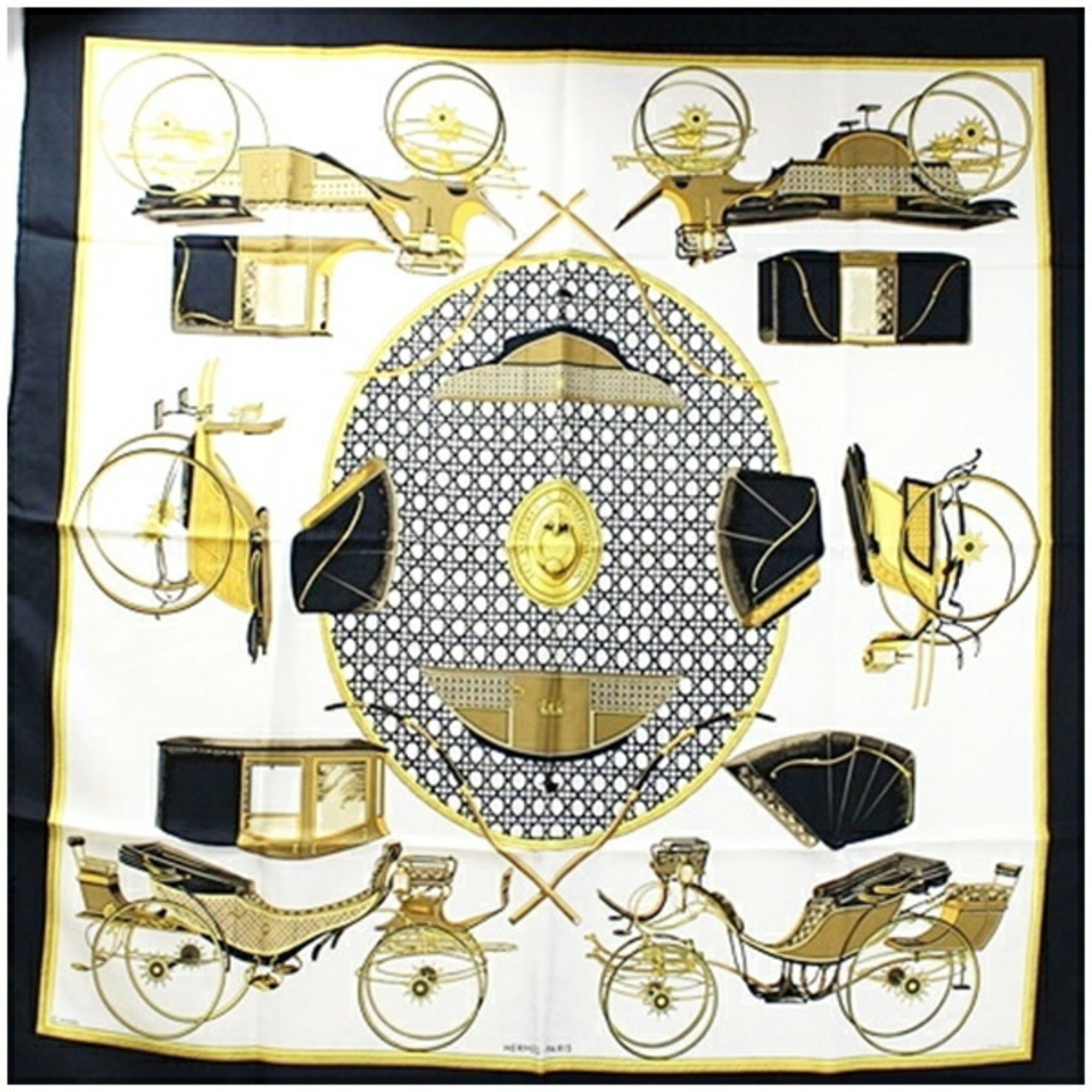 Hermes scarf muffler Carre 90 "LES VOITURES A TANSFORMATION" Folding hood carriage White x Black HERMES Women's