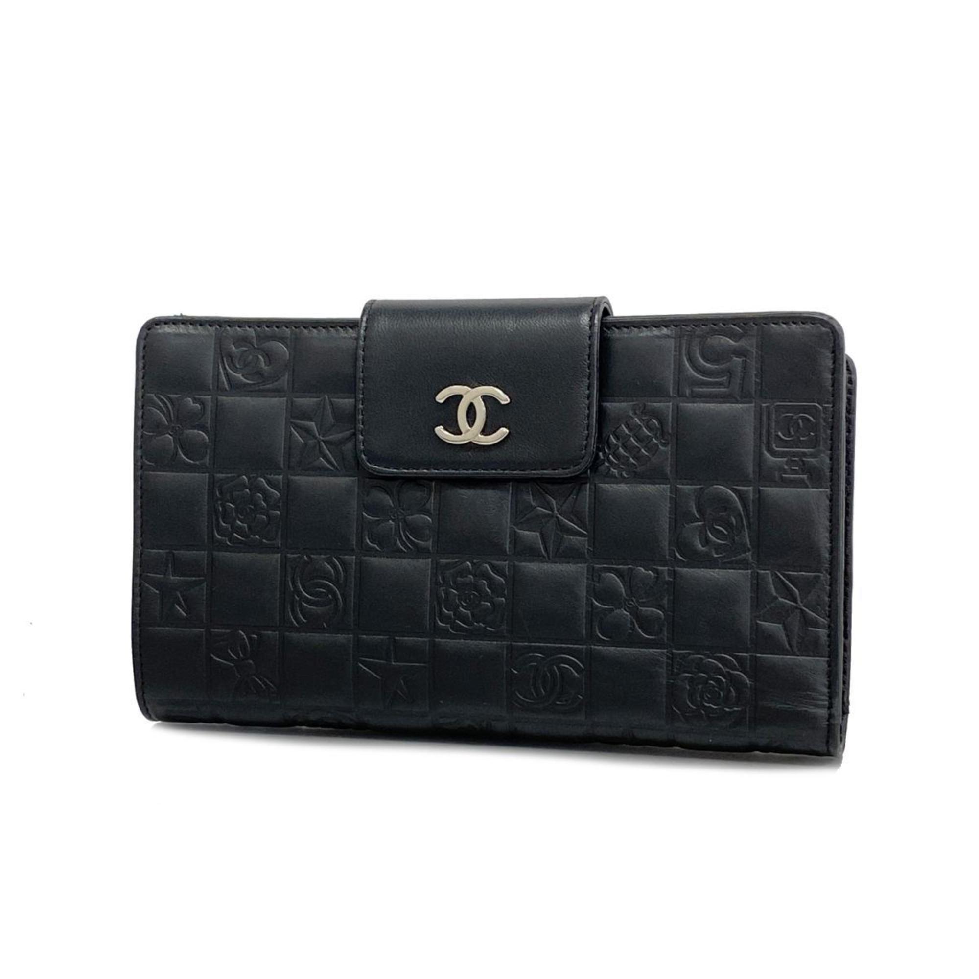 Chanel Long Wallet Icon Lambskin Black Women's