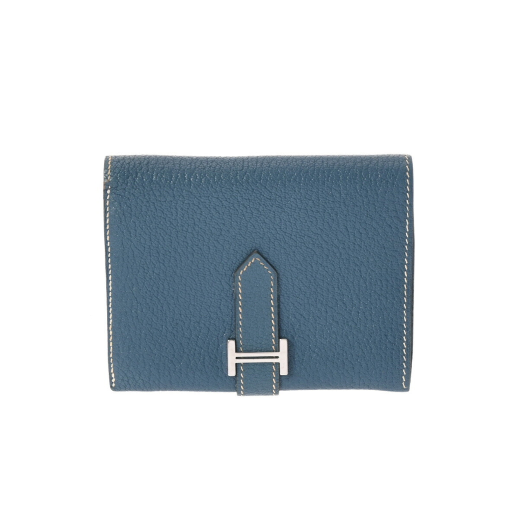 HERMES Hermes Bearn Compact Blue Thalassa Palladium Hardware - □H Stamp (around 2004) Unisex Chevre Bi-fold Wallet