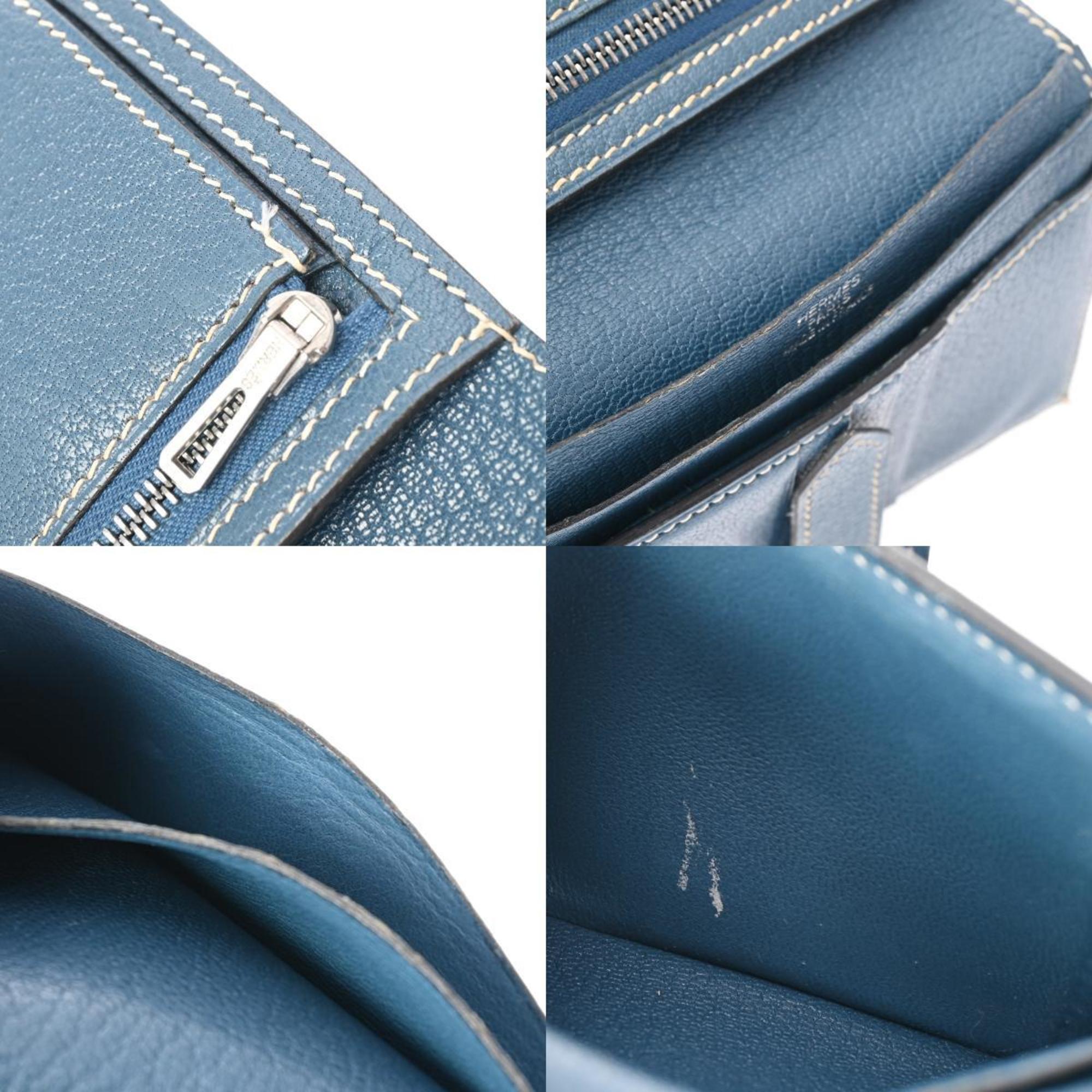 HERMES Hermes Bearn Compact Blue Thalassa Palladium Hardware - □H Stamp (around 2004) Unisex Chevre Bi-fold Wallet