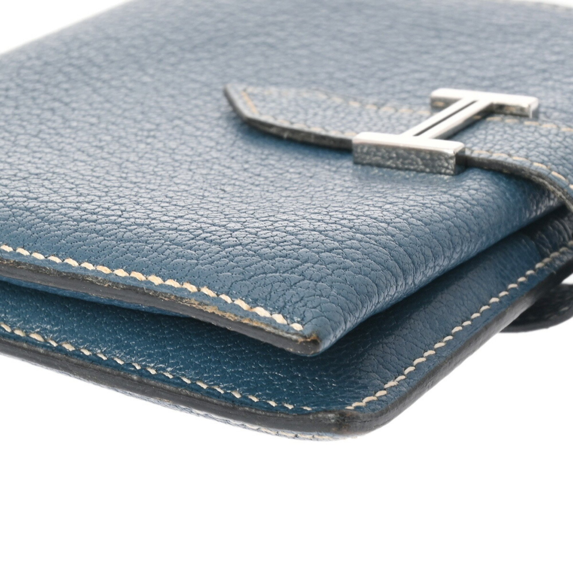 HERMES Hermes Bearn Compact Blue Thalassa Palladium Hardware - □H Stamp (around 2004) Unisex Chevre Bi-fold Wallet