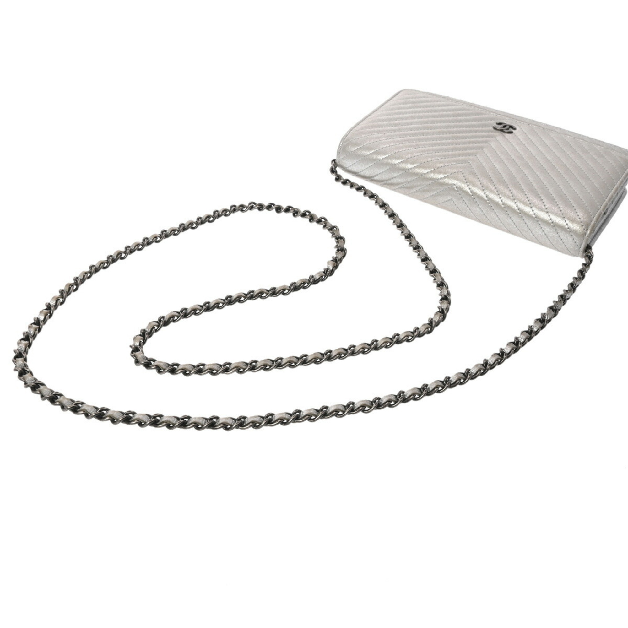 CHANEL V-stitch chain wallet, silver, women's lambskin shoulder bag