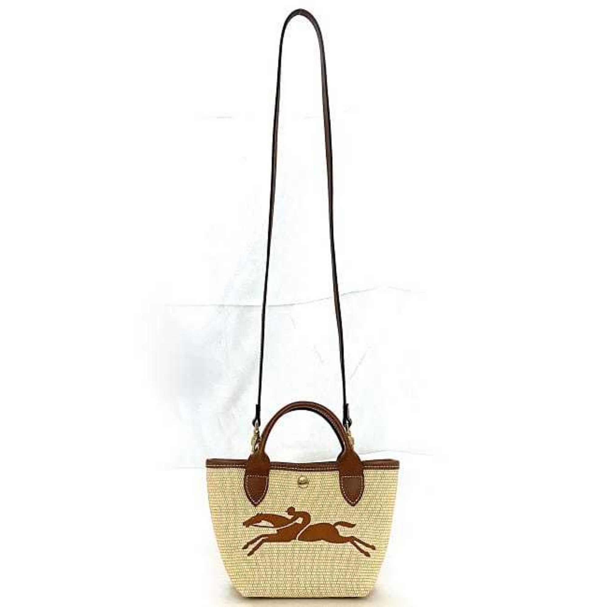 Longchamp 2-way bag beige brown 10162 f-20620 straw leather LONGCHAMP shoulder compact ladies horse