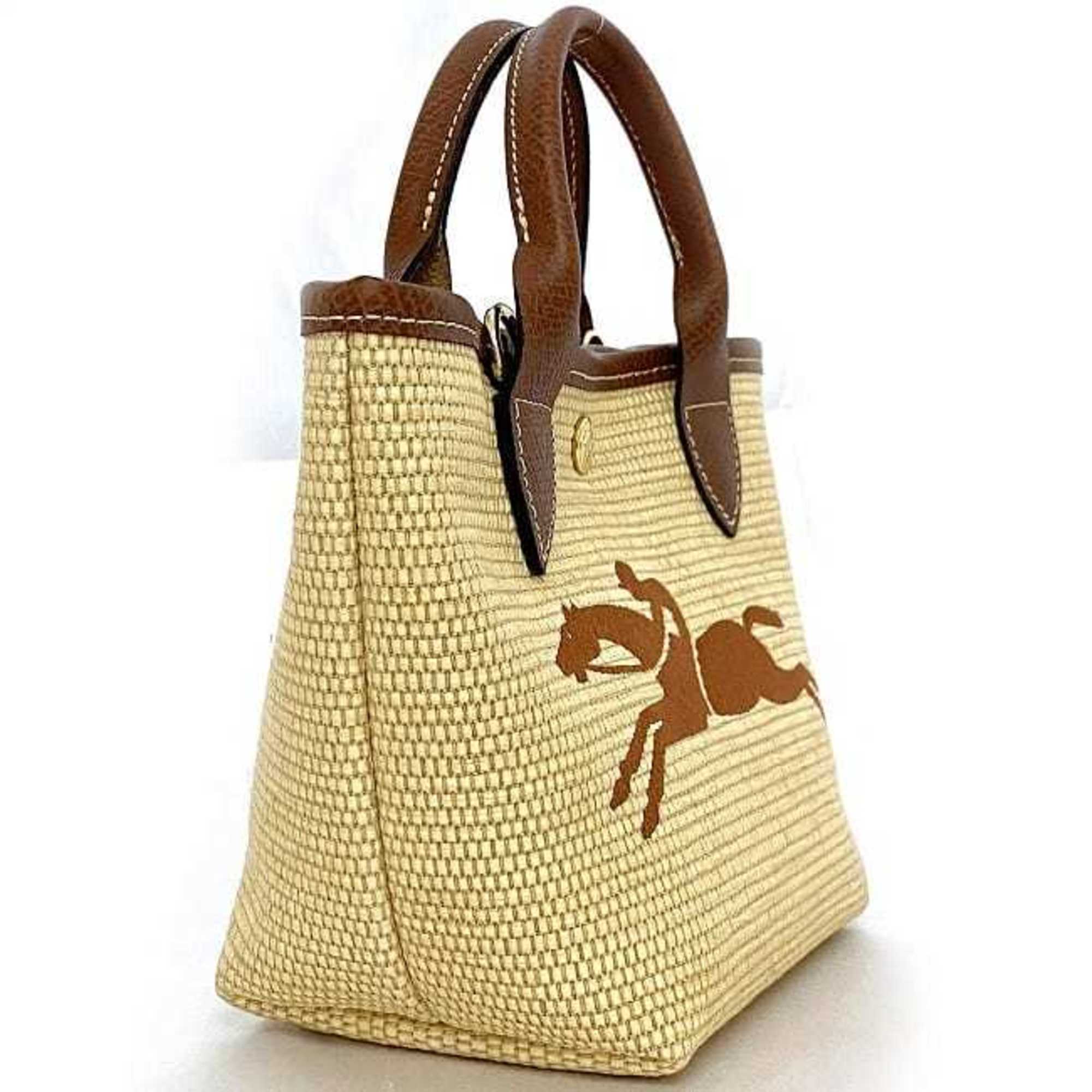 Longchamp 2-way bag beige brown 10162 f-20620 straw leather LONGCHAMP shoulder compact ladies horse