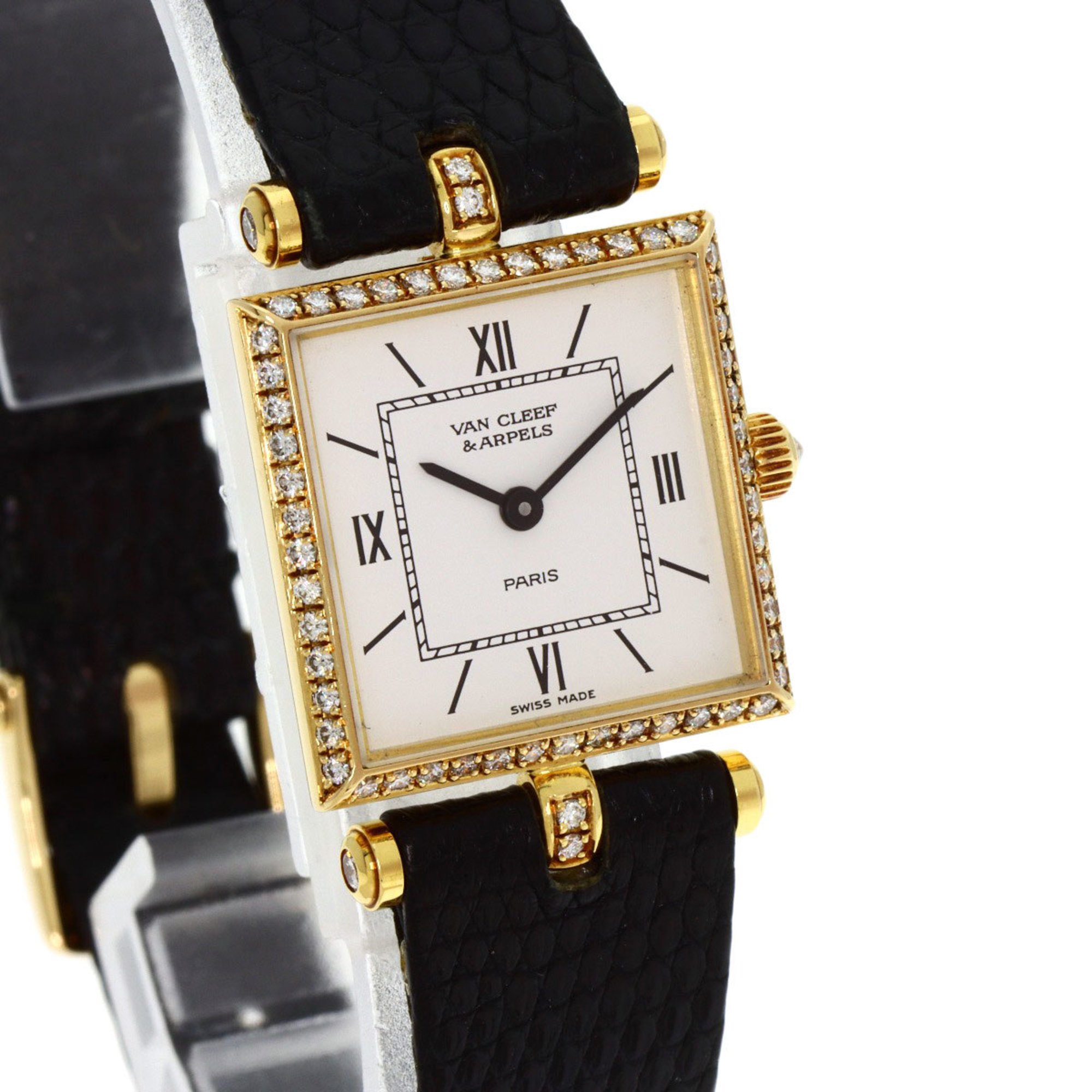 Van Cleef & Arpels Classic Square Diamond Watch, 18K Yellow Gold, Leather, Women's