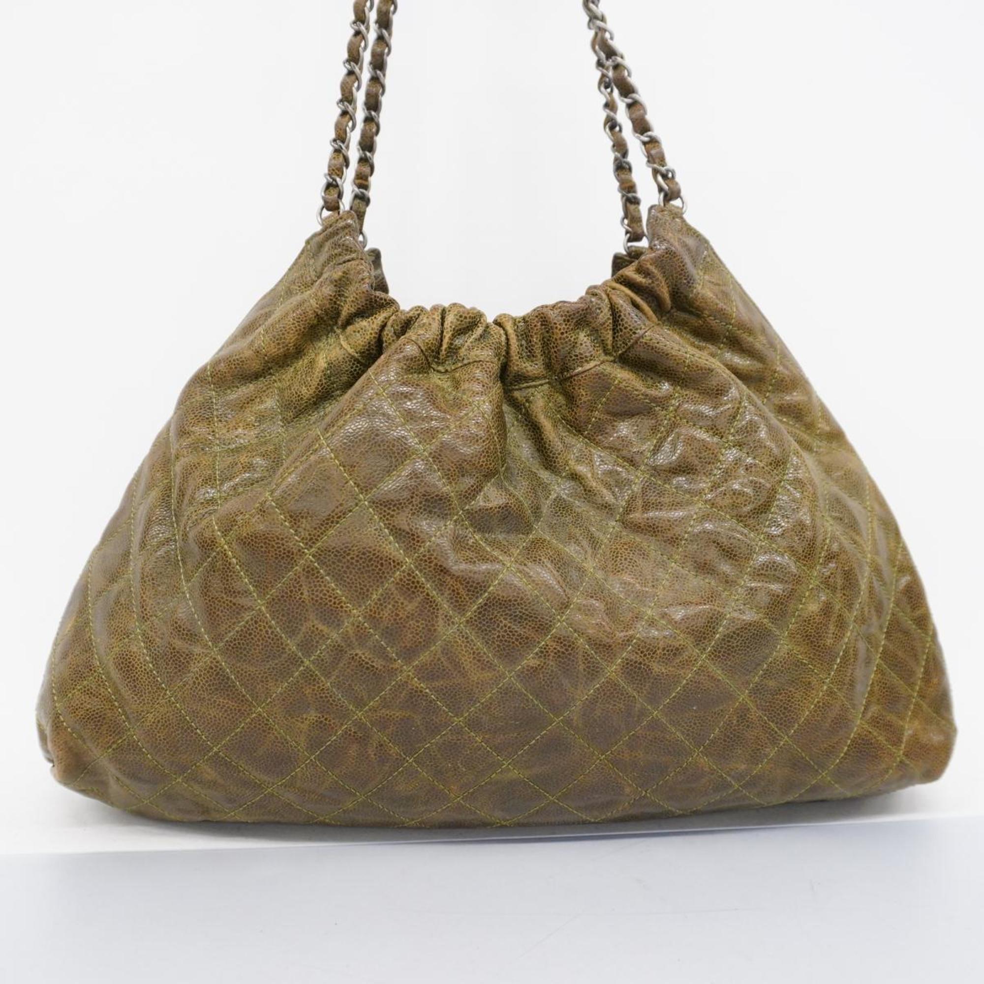 Chanel Shoulder Bag Matelasse Chain Caviar Skin Khaki Women's