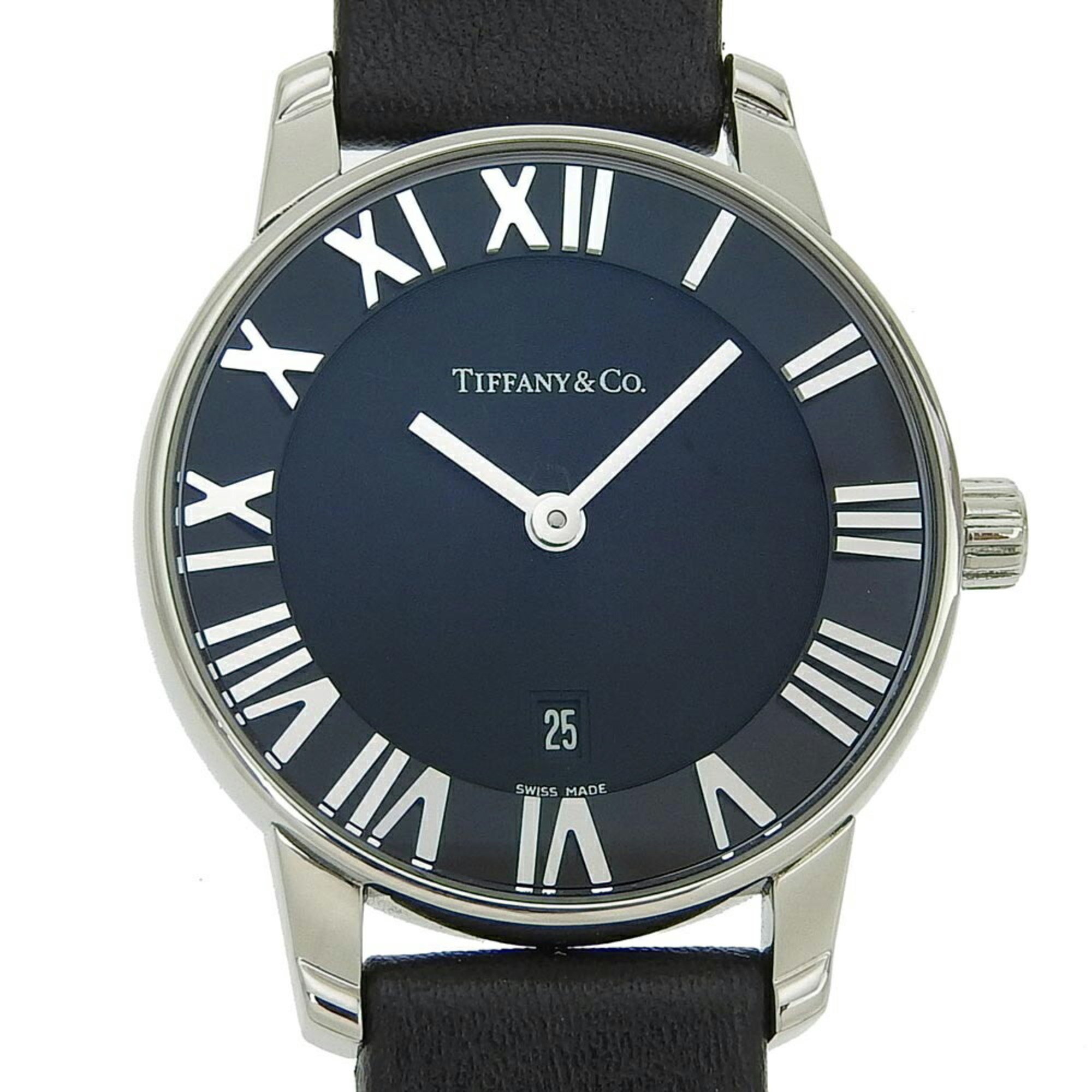 Tiffany TIFFANY & Co. Atlas Dome Day T0291 Black Dial SS Leather Quartz 29mm Ladies Watch