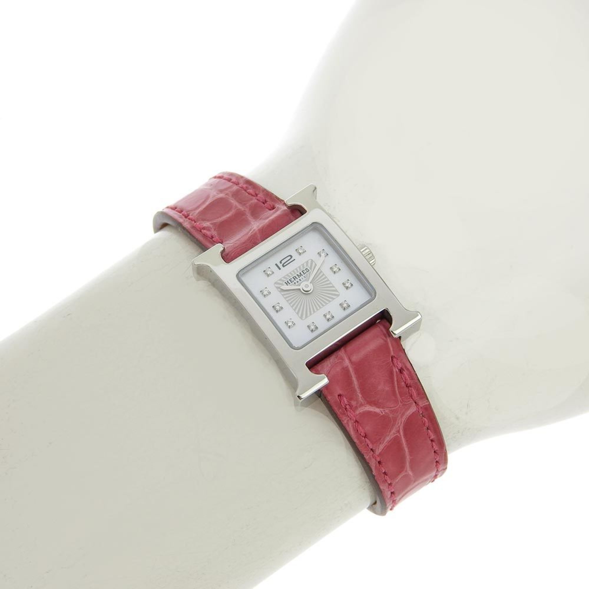 Hermes HERMES H Watch HH1 110 White Shell Dial SS Leather 11P Diamond Quartz Battery 17mm