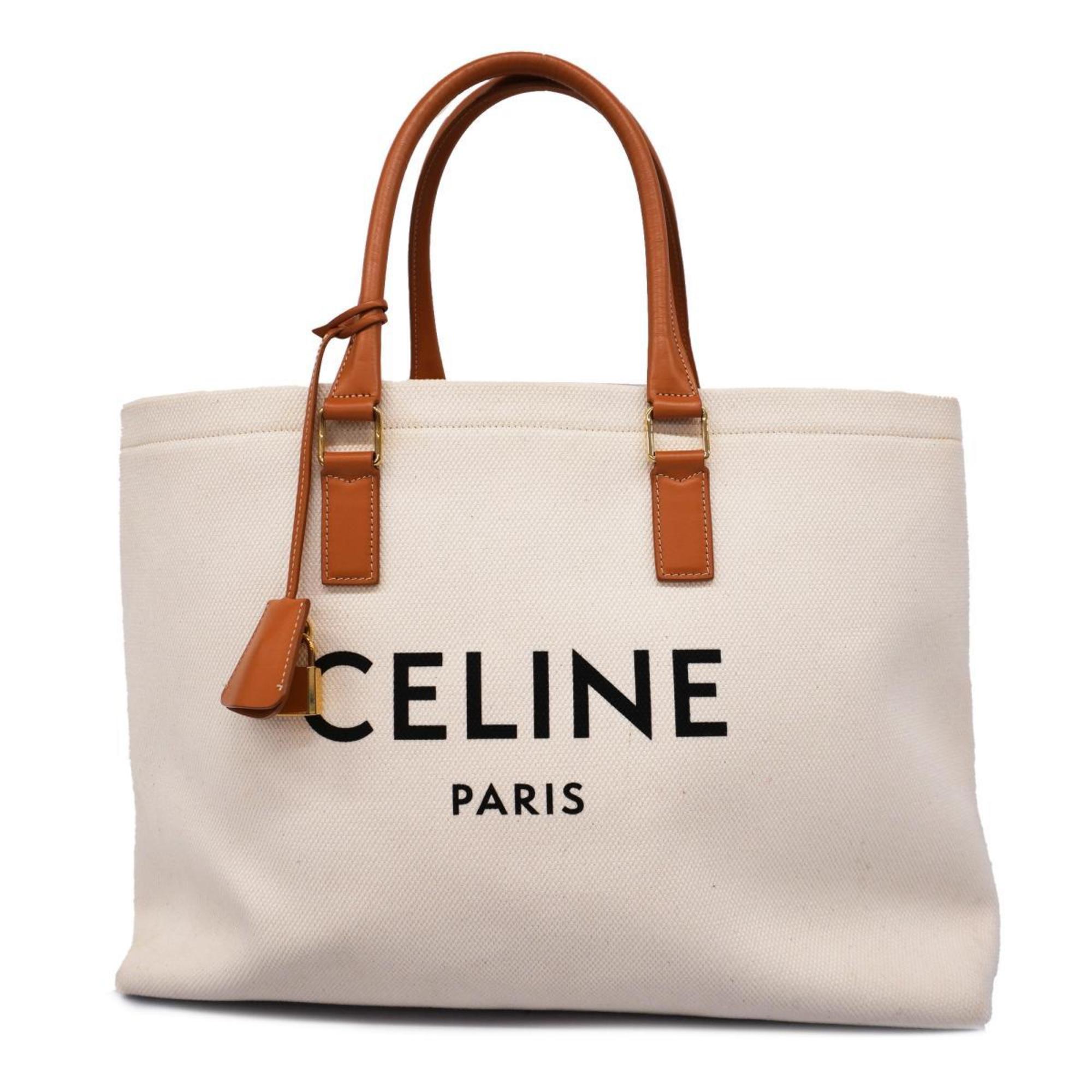 Celine Tote Bag Canvas White Light Brown Women's