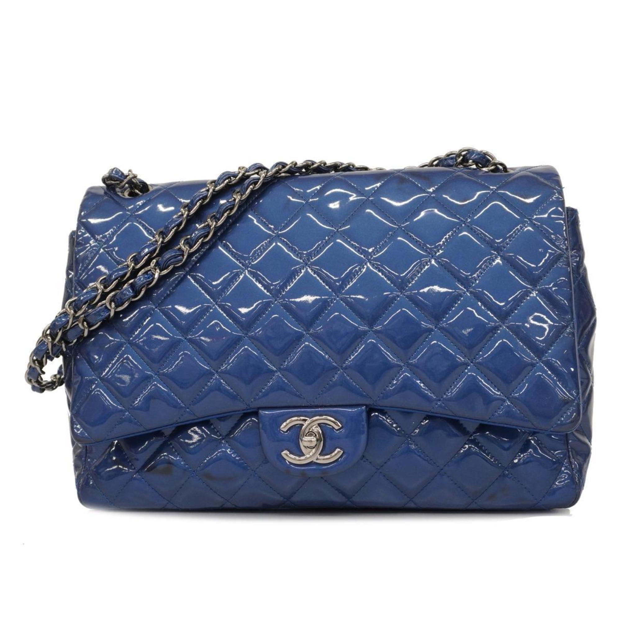 Chanel Shoulder Bag Matelasse Deca W Flap Chain Patent Leather Blue Women's