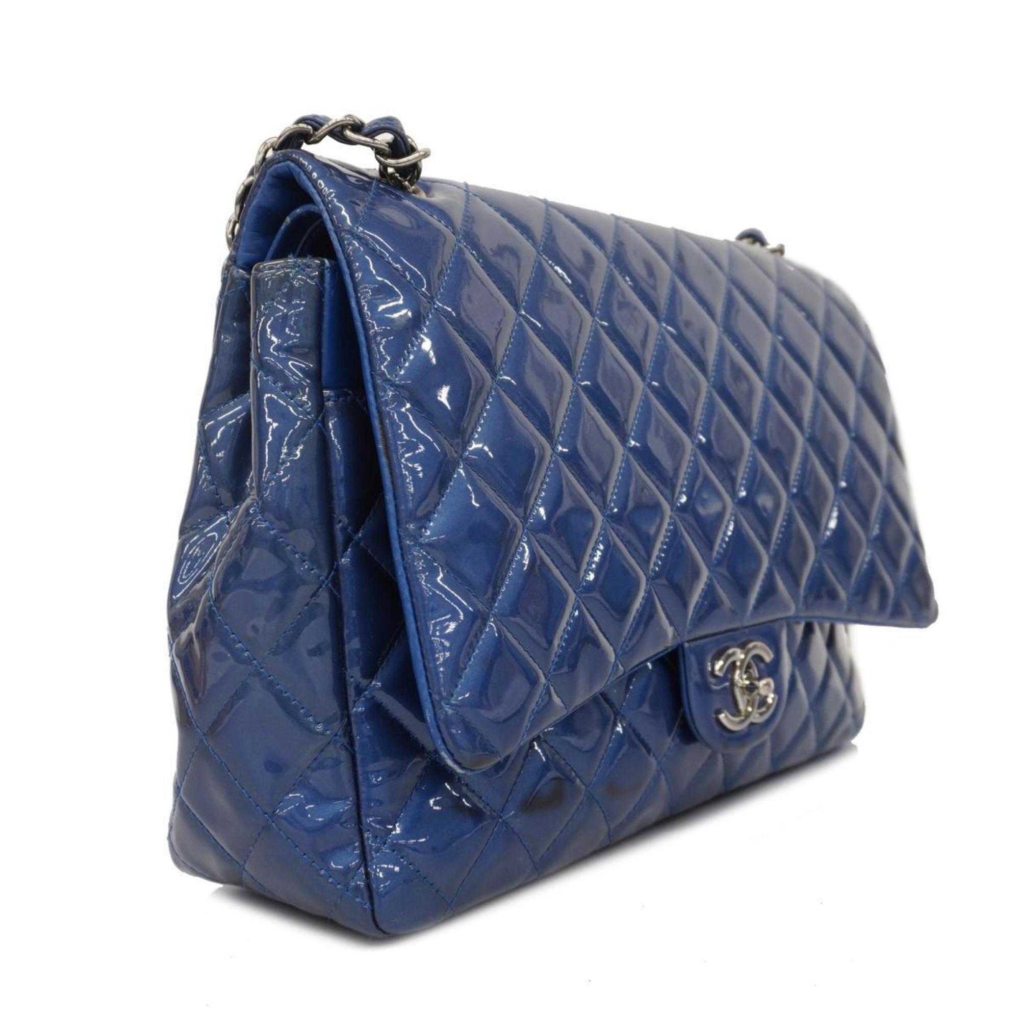 Chanel Shoulder Bag Matelasse Deca W Flap Chain Patent Leather Blue Women's