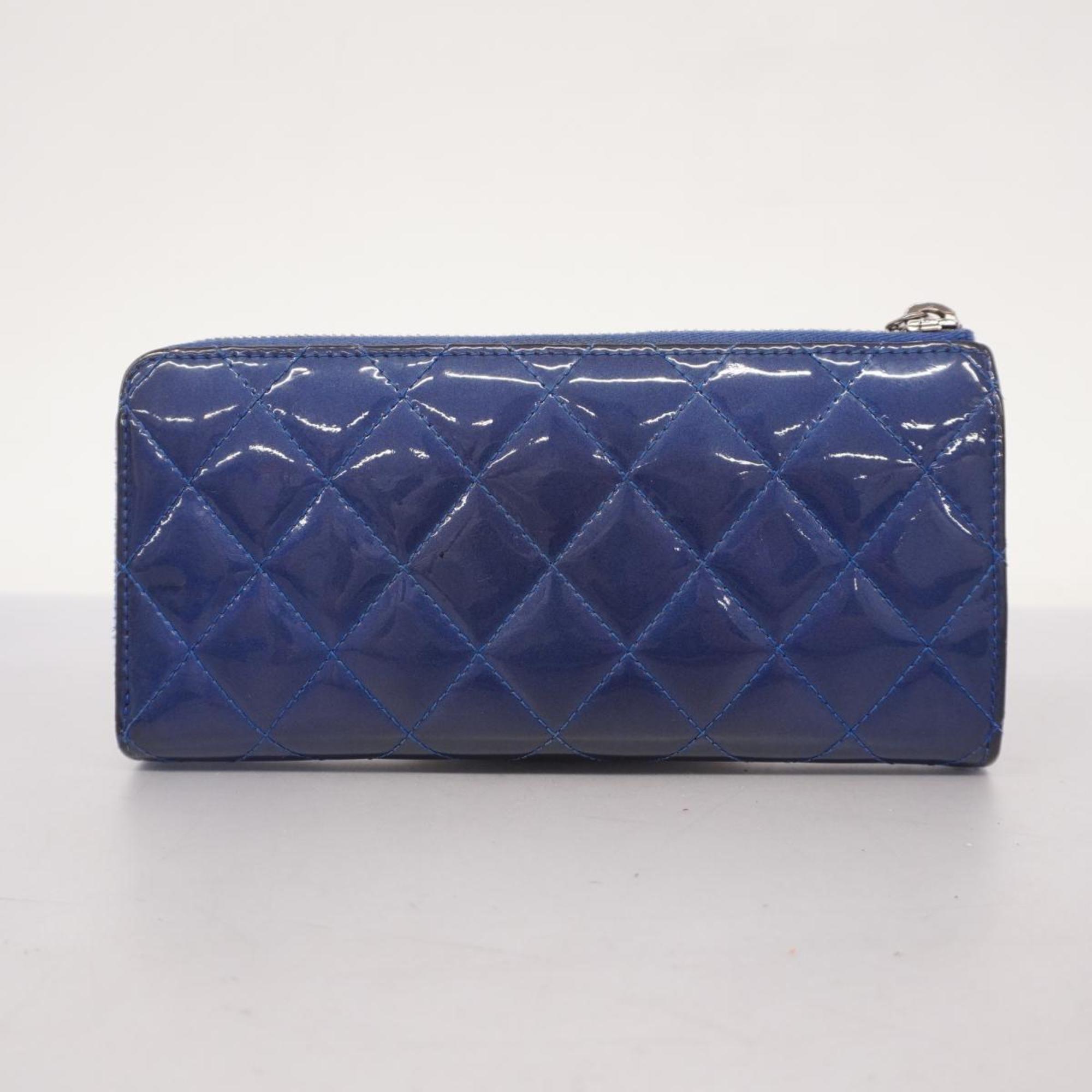 Chanel Long Wallet Matelasse Patent Leather Blue Women's