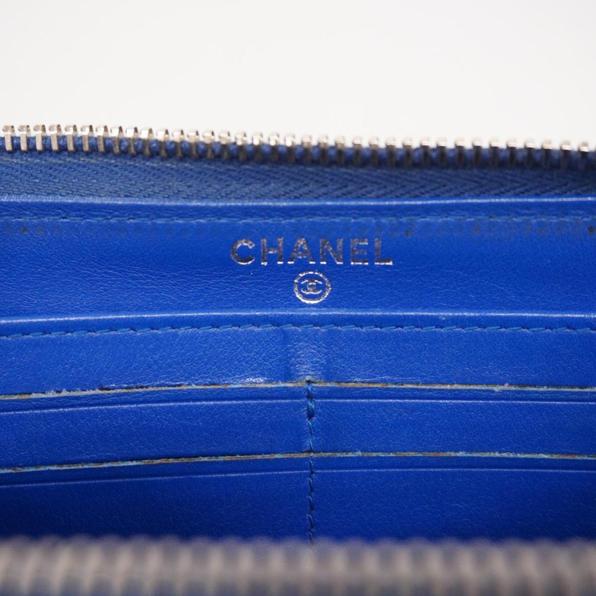 Chanel Long Wallet Matelasse Patent Leather Blue Women's