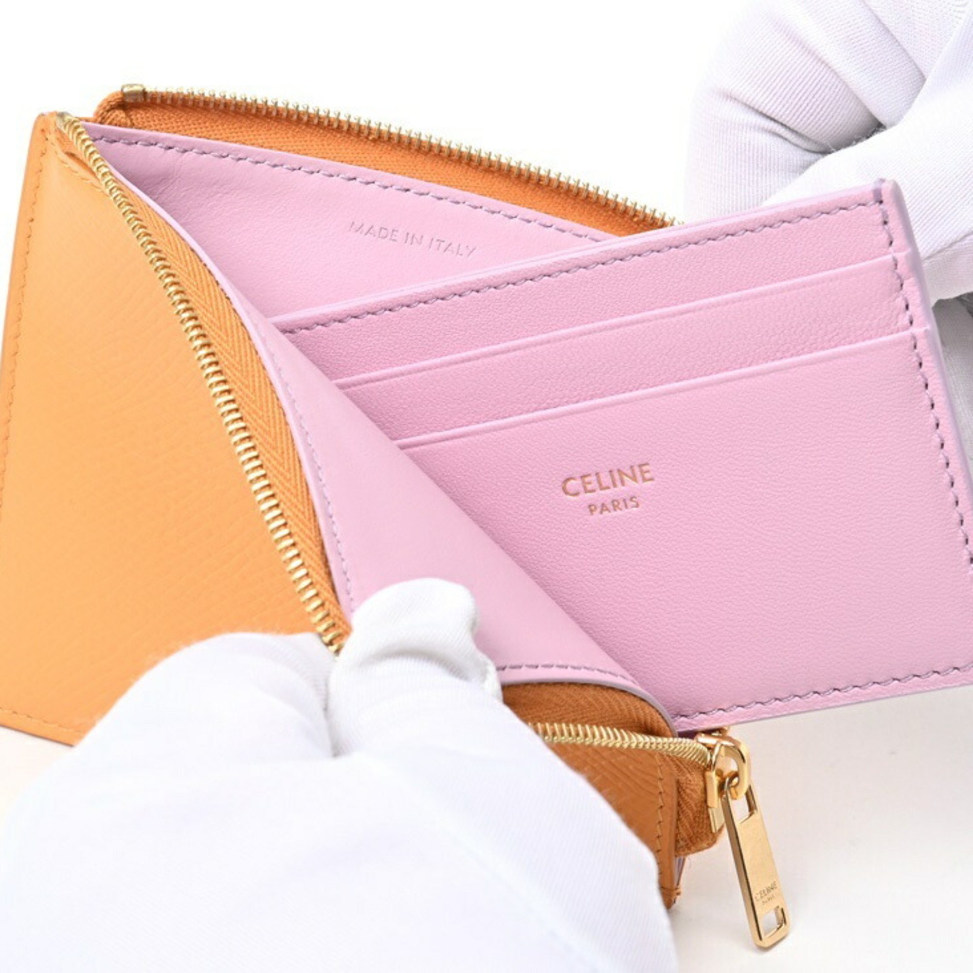 CELINE L-shaped coin purse with card holder 10D88 Leather Orange Pink S-155820