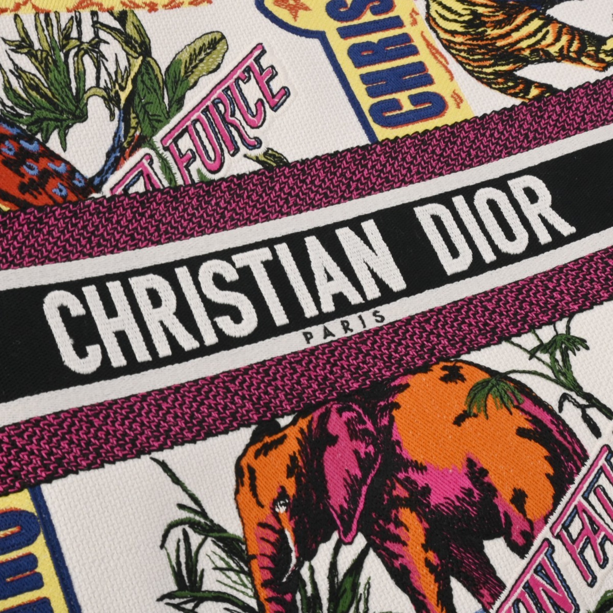 CHRISTIAN DIOR Christian Dior Book Tote Large Animal Embroidery White/Multicolor - Unisex Canvas Handbag
