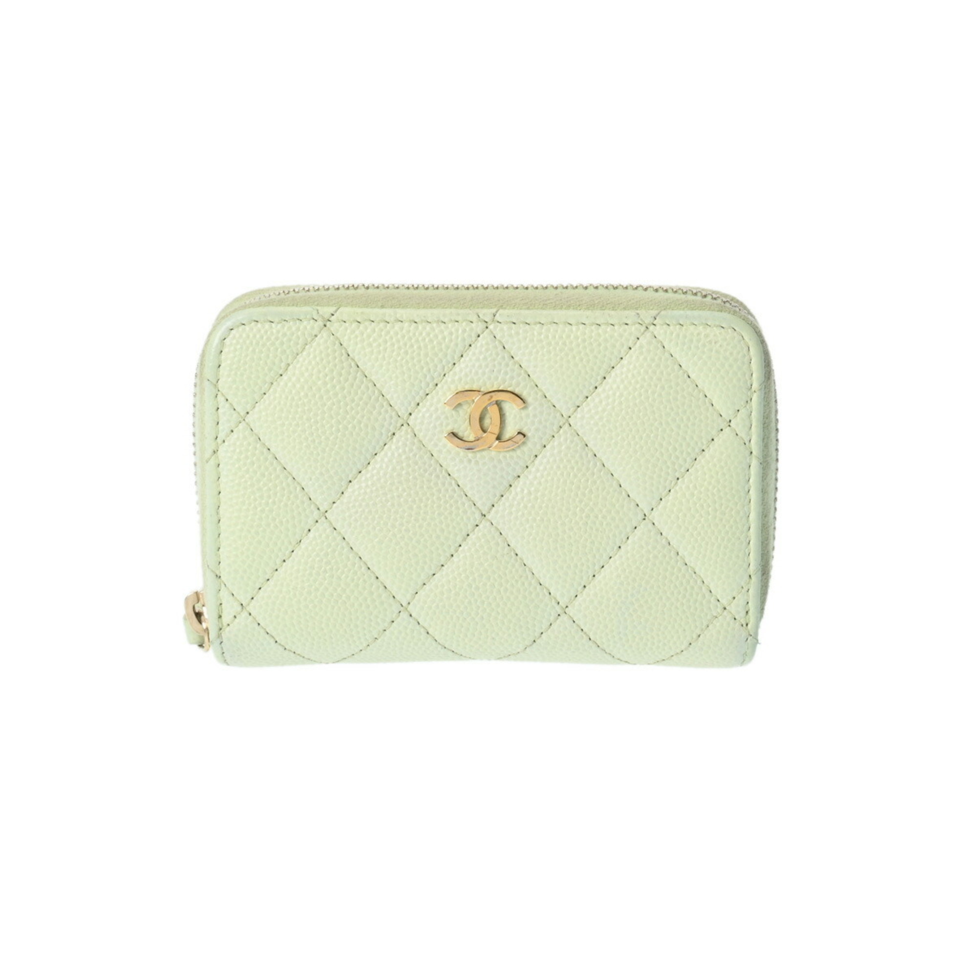 CHANEL Classic Zip Coin Purse Light Green AP0216 Women's Caviar Skin Case