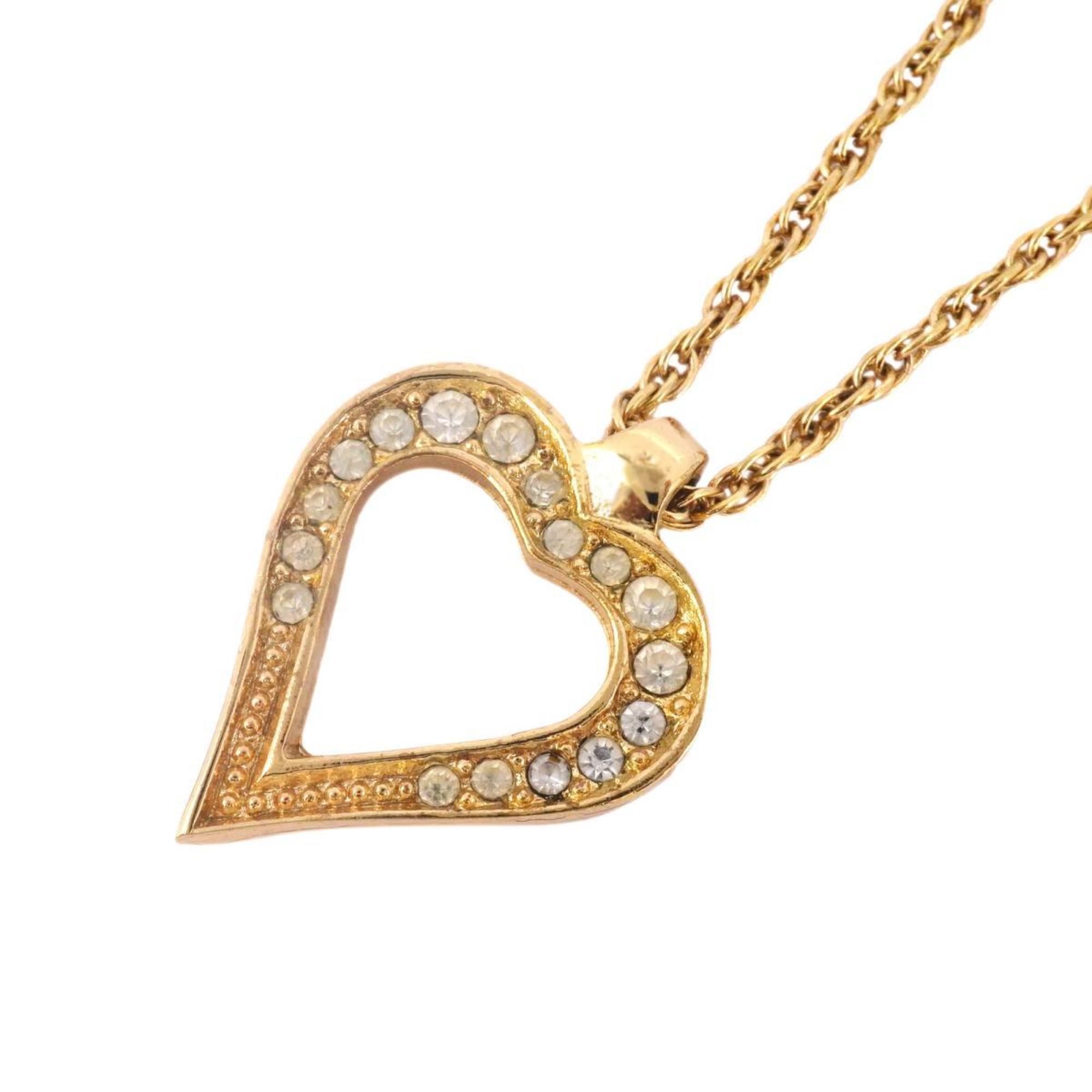 Christian Dior Necklace Heart Motif Rhinestone GP Plated Gold Women's