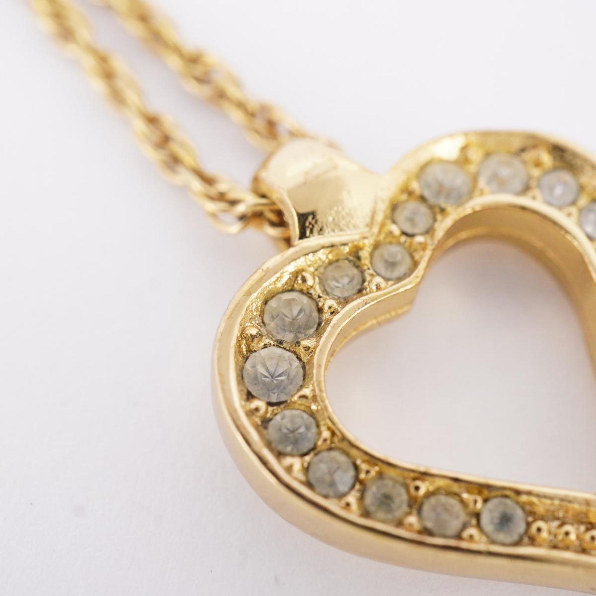 Christian Dior Necklace Heart Motif Rhinestone GP Plated Gold Women's