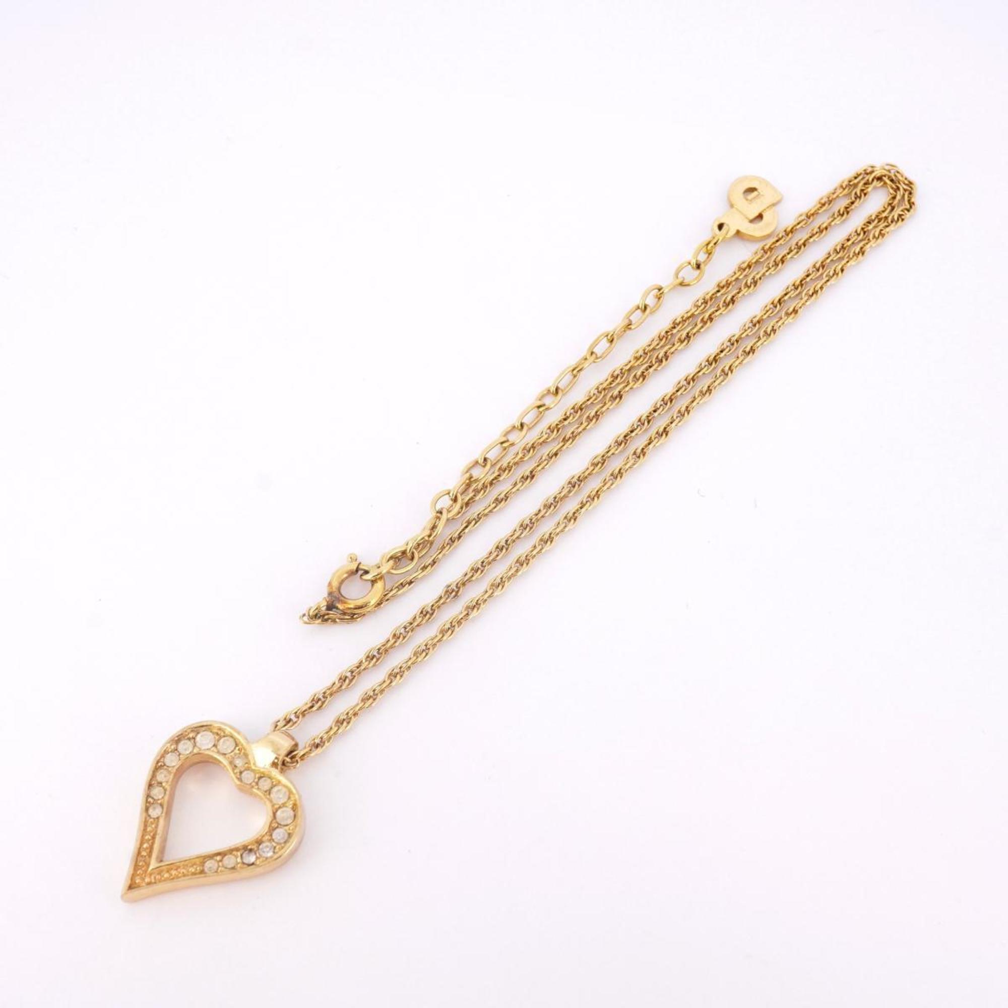 Christian Dior Necklace Heart Motif Rhinestone GP Plated Gold Women's