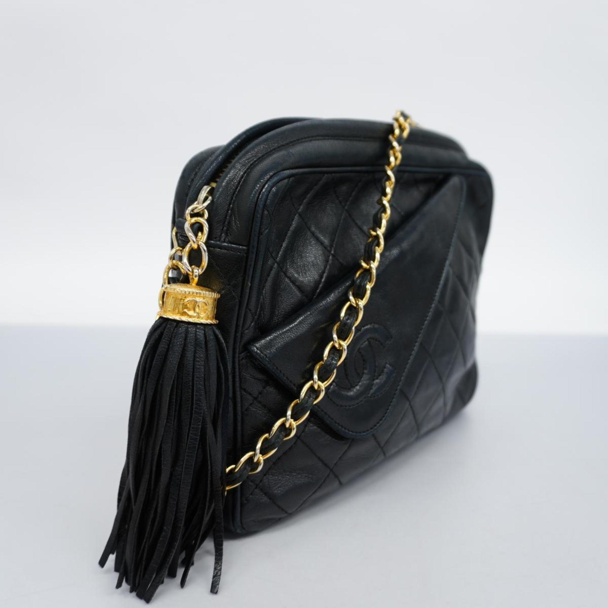 Chanel Shoulder Bag with Matelasse Chain Bag, Lambskin, Black, Women's