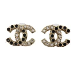 Chanel Earrings Coco Mark Rhinestone GP Plated Champagne Gold Black B23K Women's