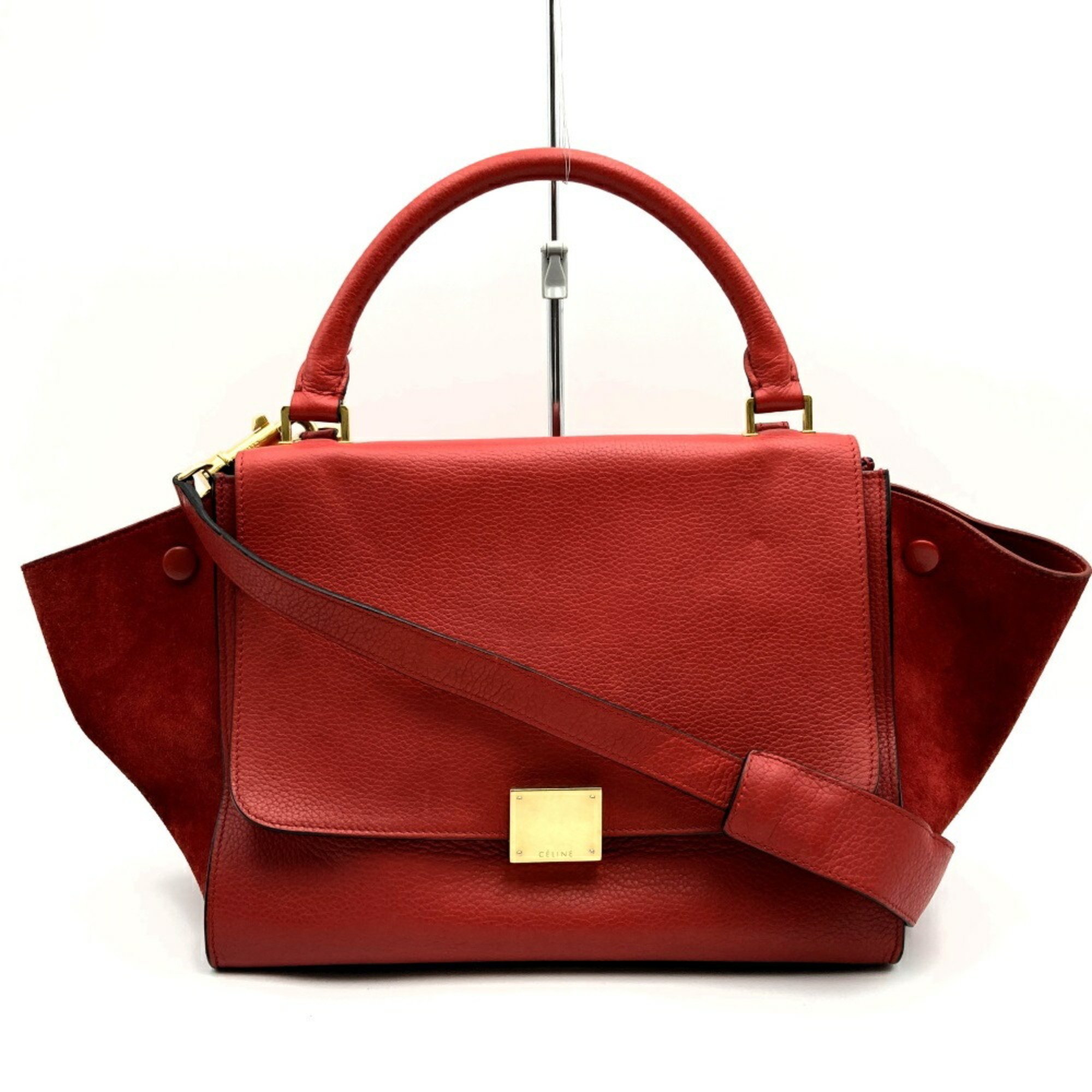 Celine Trapeze Small Handbag Shoulder Bag 2way Red Leather Suede Women's CELINE