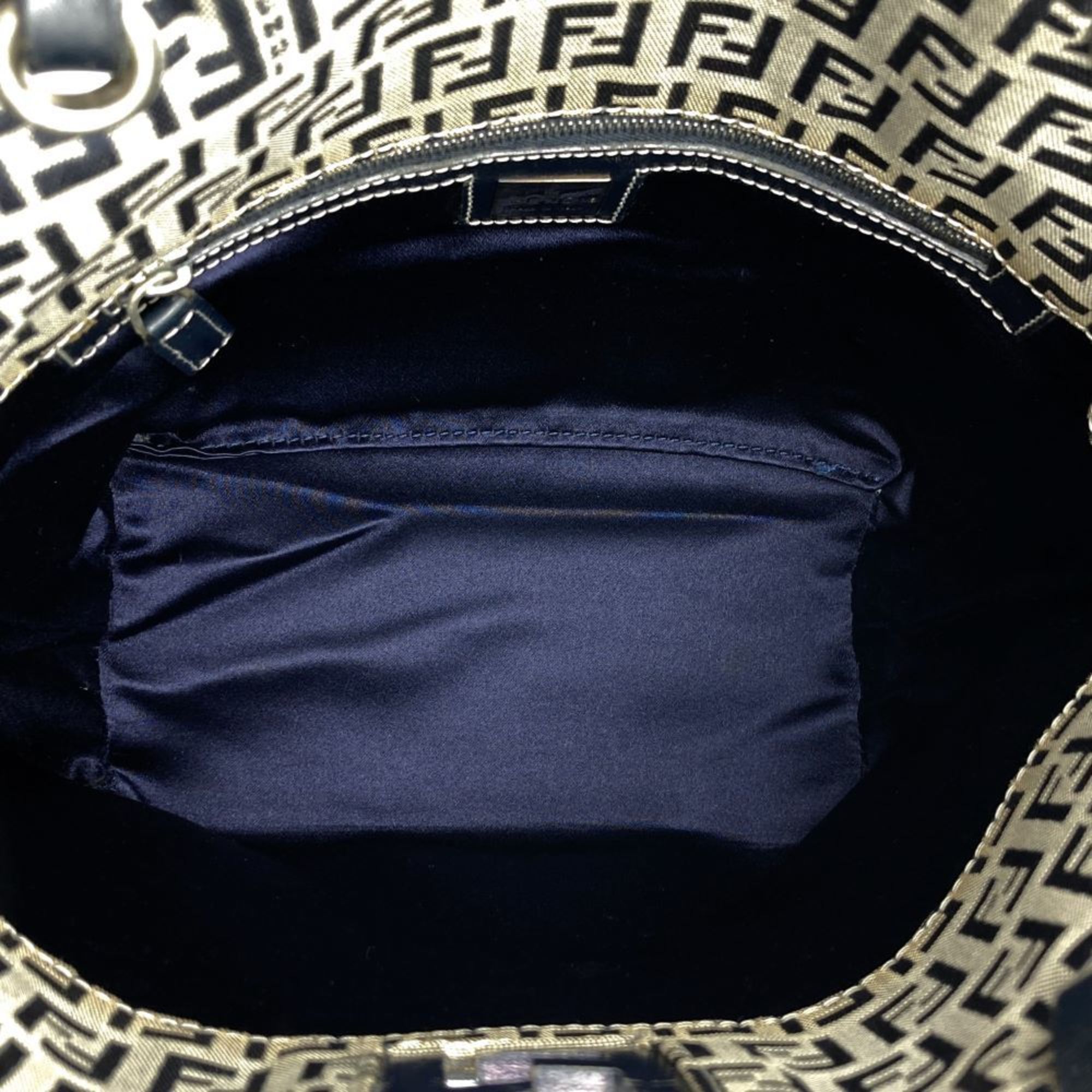 FENDI Handbag Tote Bag Zucchino Navy Canvas Leather Women's