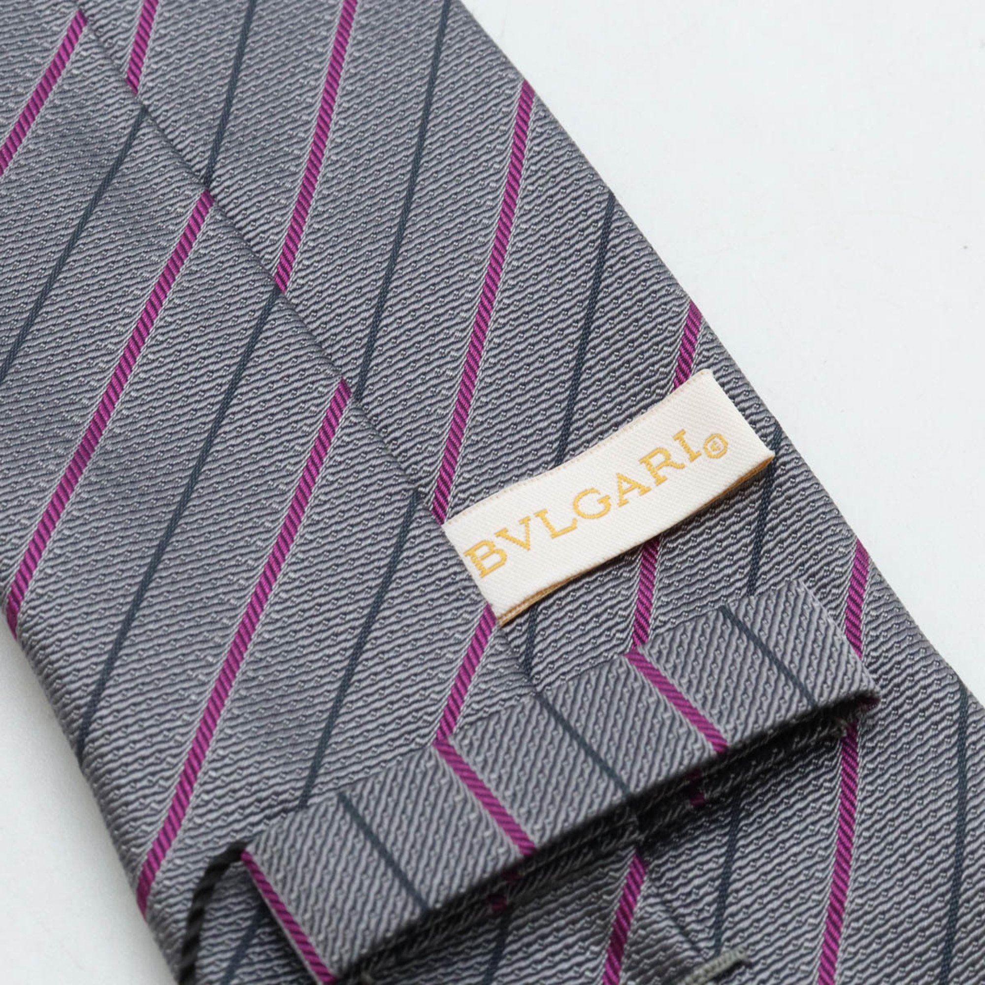 BVLGARI Sevenfold Necktie Striped British Style 100% Silk Gray Purple