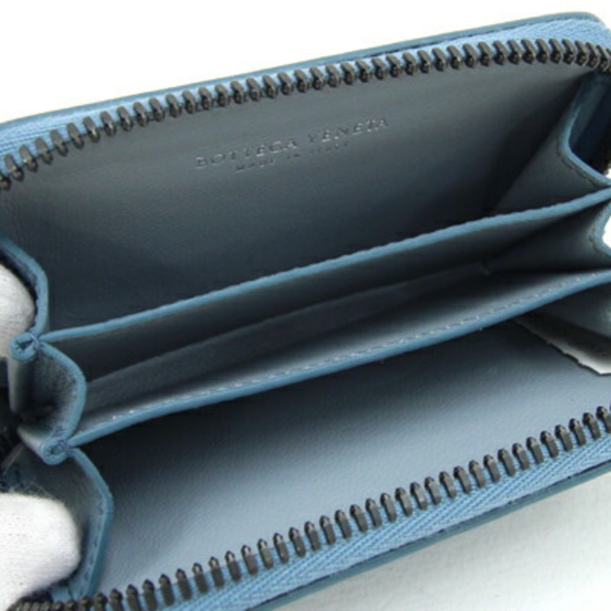 Bottega Veneta Coin Case Intrecciato 114075 Light Blue Leather Purse Compact Wallet Women Men BOTTEGA VENETA