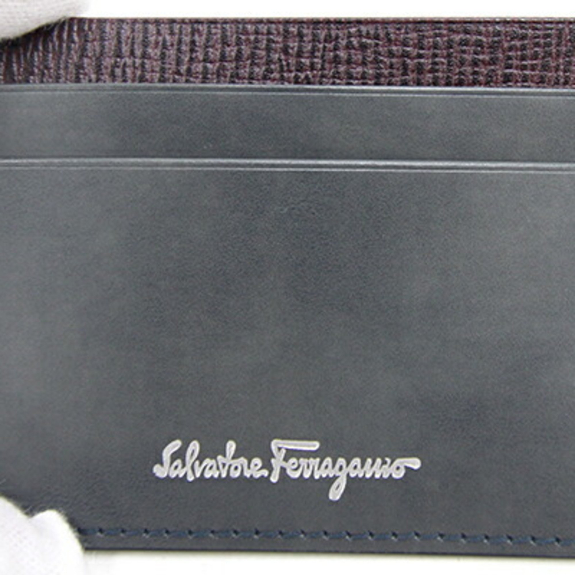 Salvatore Ferragamo Card Case Grey Bordeaux Leather Holder Pass Men's