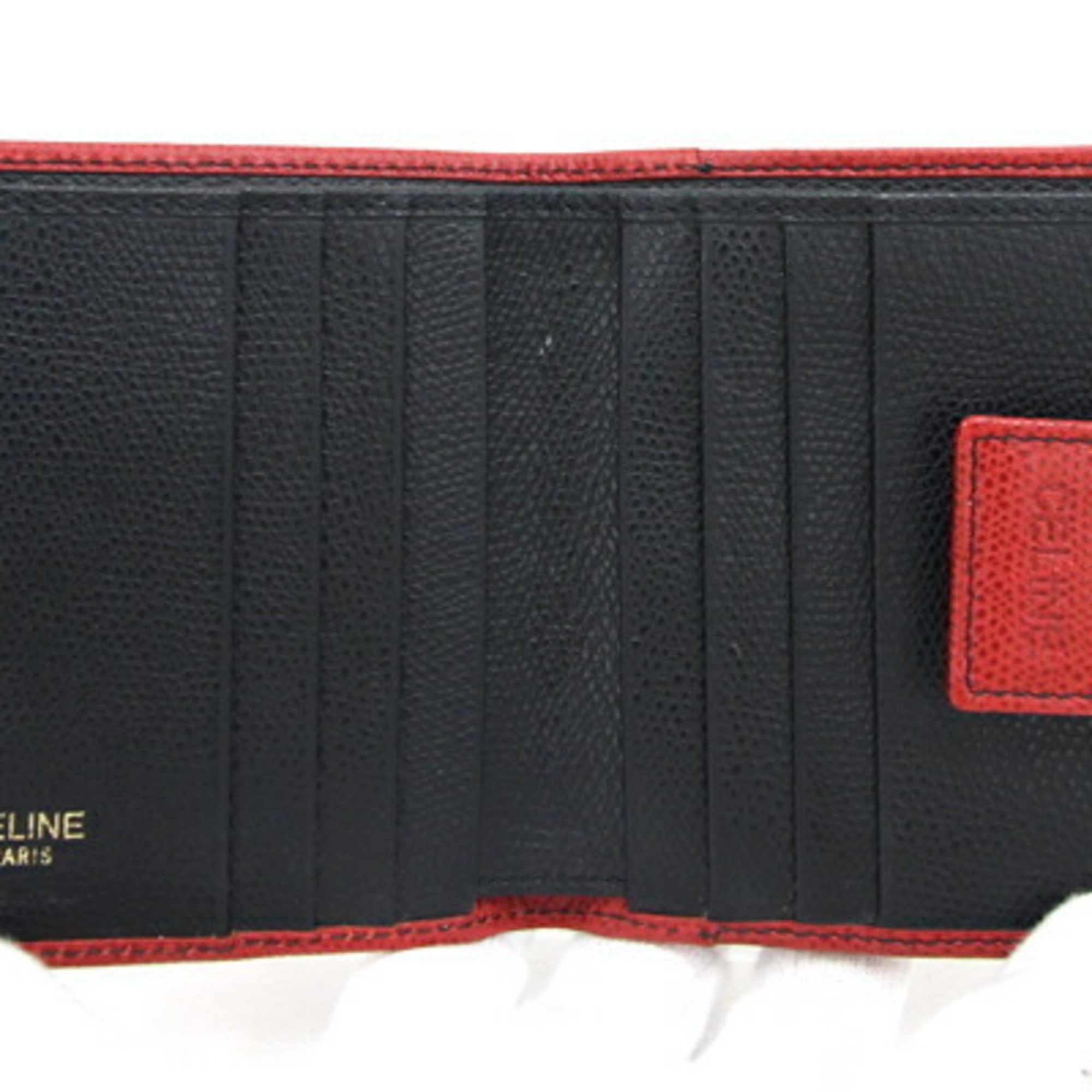Celine W Wallet Red Leather Compact Bi-fold Women's Old Classic CELINE