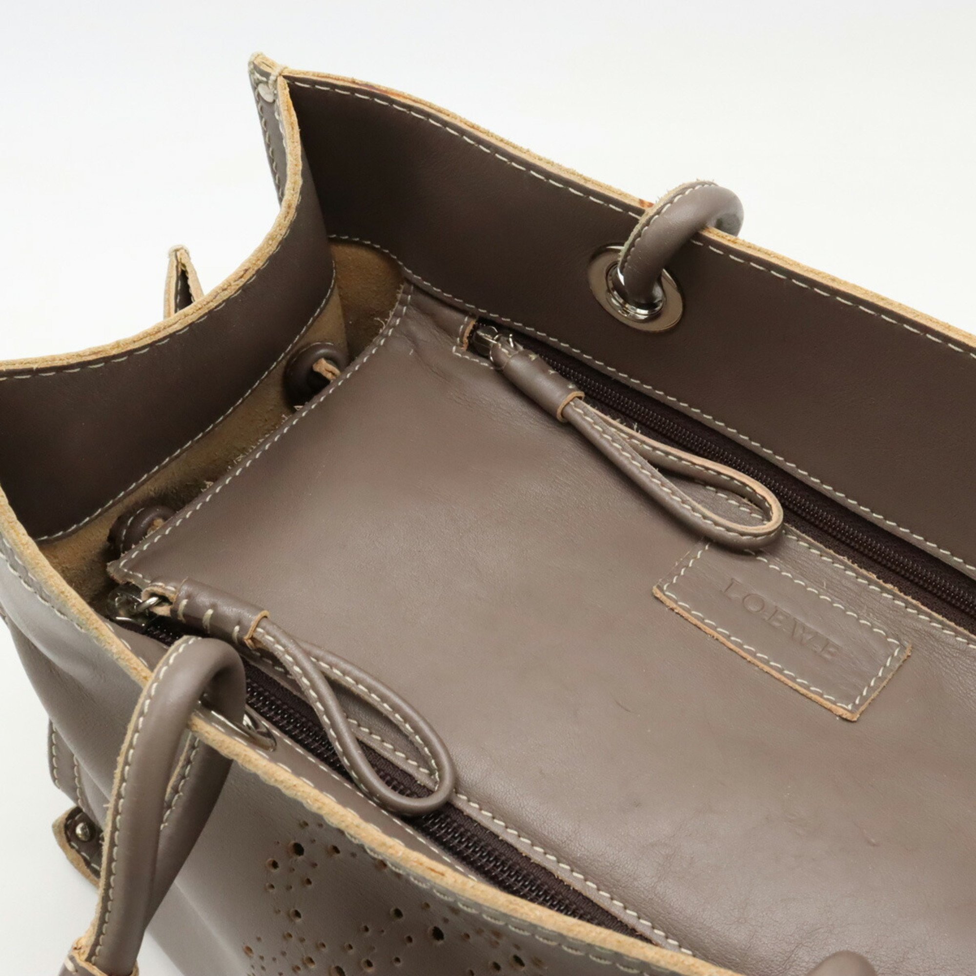 LOEWE Anagram Shopper Tote Bag Handbag Leather Grey Brown