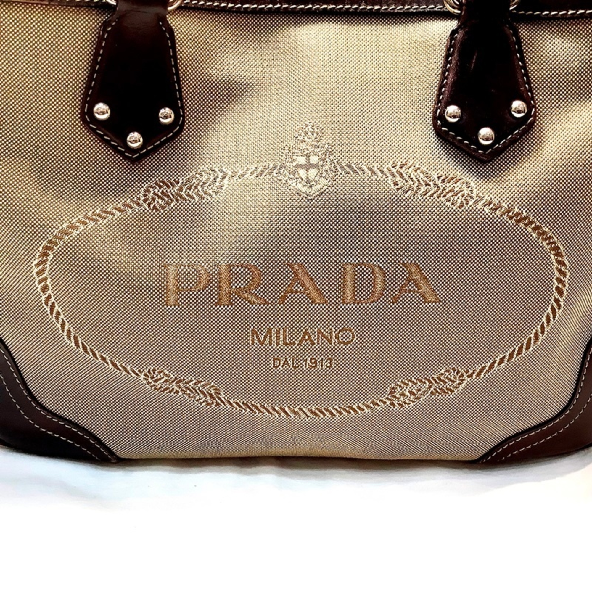 PRADA Jacquard Tote Bag Brown Triangle Plate Canvas No Card KB-8450