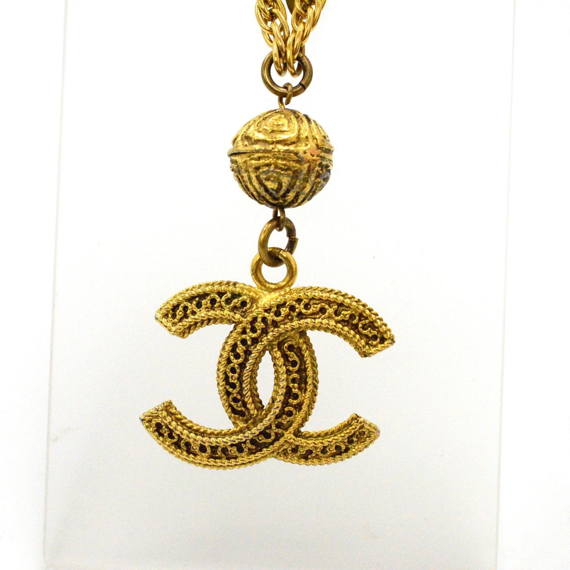 CHANEL Long Necklace 1985 Coco Mark Old Gold Plated JA-19097